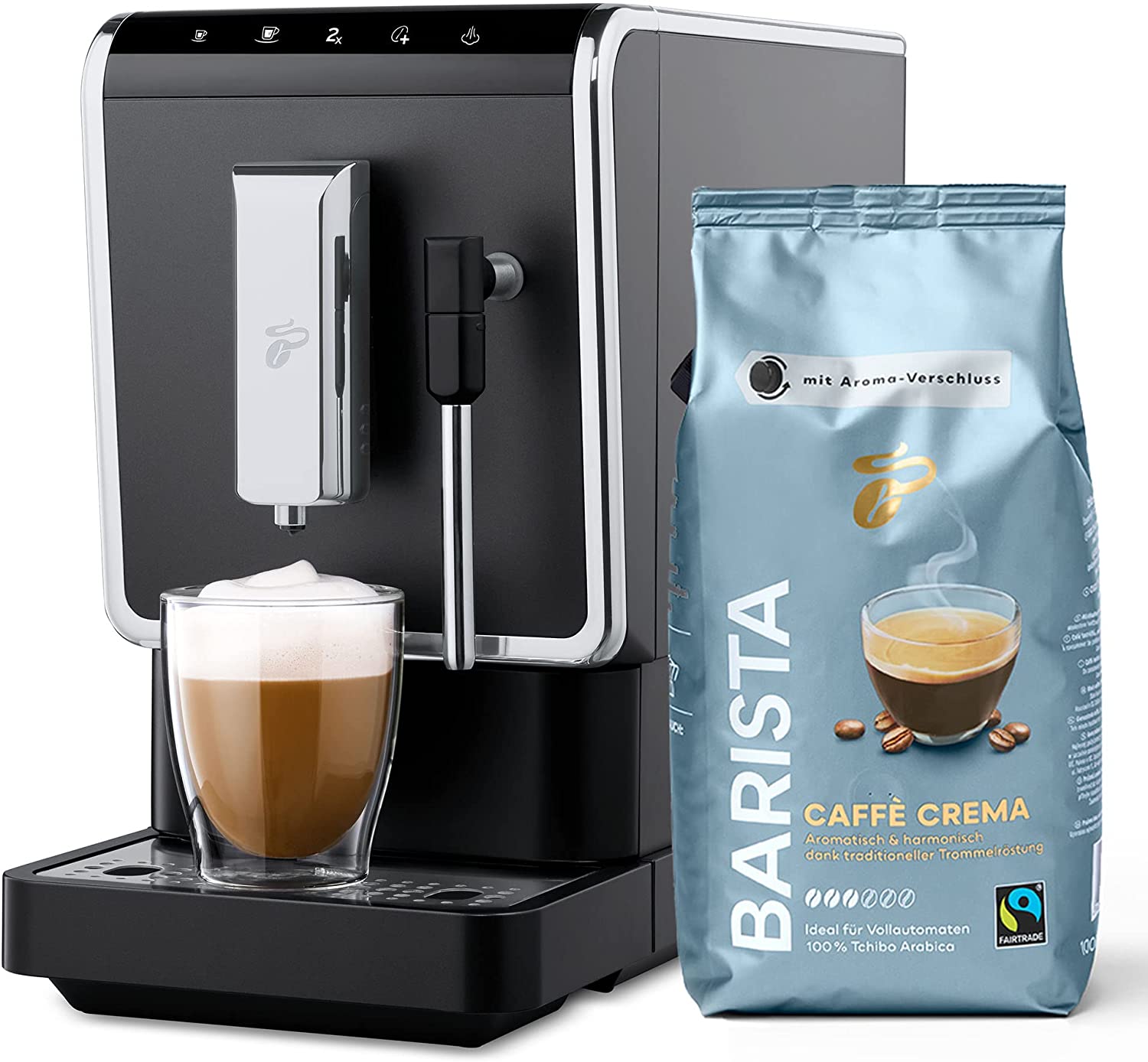 Tchibo Esperto Latte Fully Automatic Coffee Machine with Milk Frothing Function incl. 1 kg Barista Caffè Crema for Caffè Crema, Espresso and Milk Specialities, Anthracite