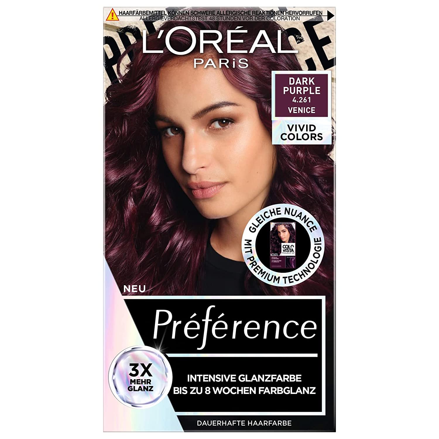 L'Oréal Paris L\'Oréal Paris Intensive dauerhafte Haarfarbe, Bis zu 8 Wochen glänzendes Haar und intensive Farbe, Préférence Vivid Colors, Farbe: 4.261 DARK PURPLE, 1 Stück, purple ‎4.261