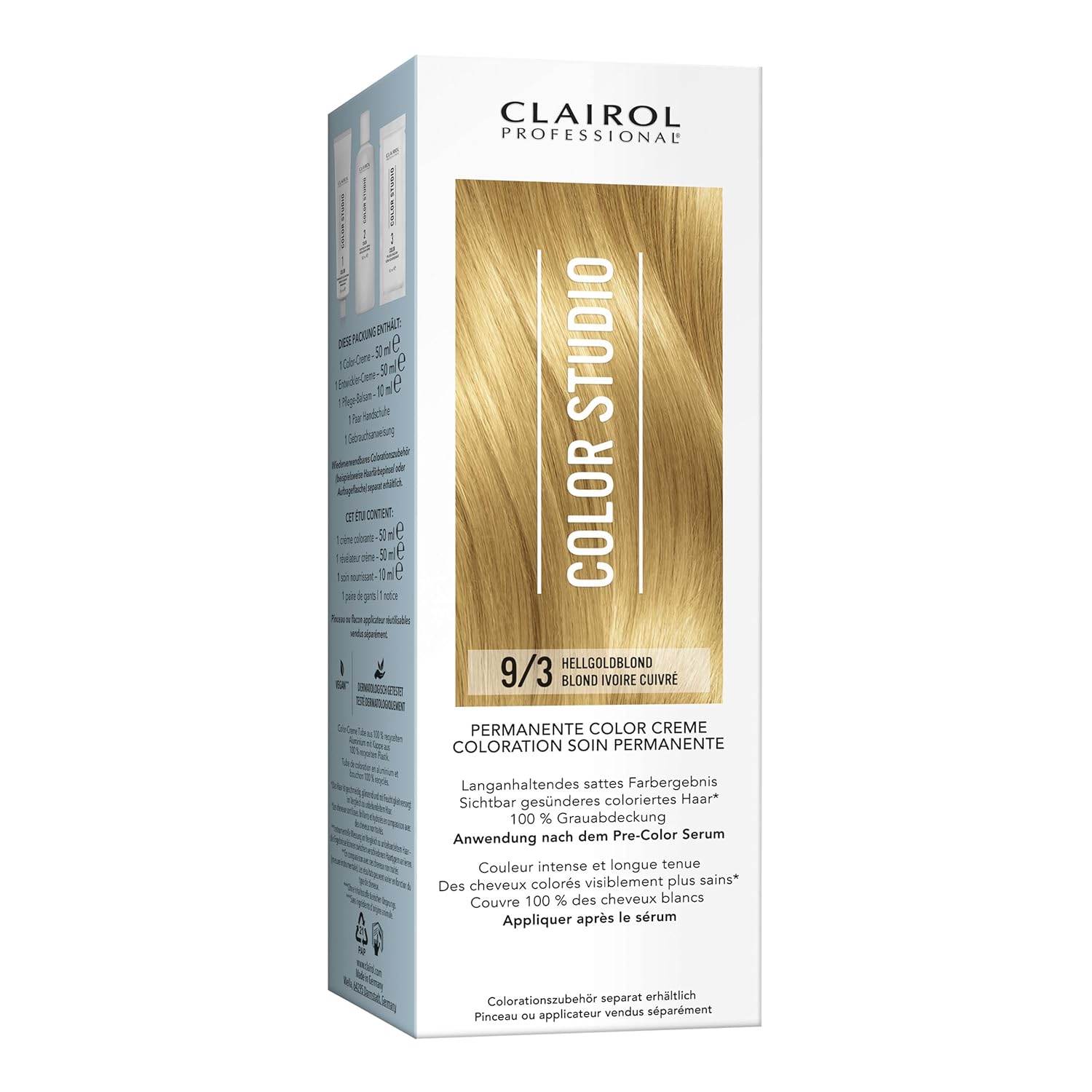 Clairol Professional Color Studio Permanent Hair Color Light Gold Blonde 9/3 (110ml) - With Metal Purifier for 6x Less Breakage, 10 Weeks Rich Color Result & 100% Gray Coverage - Includes Hair