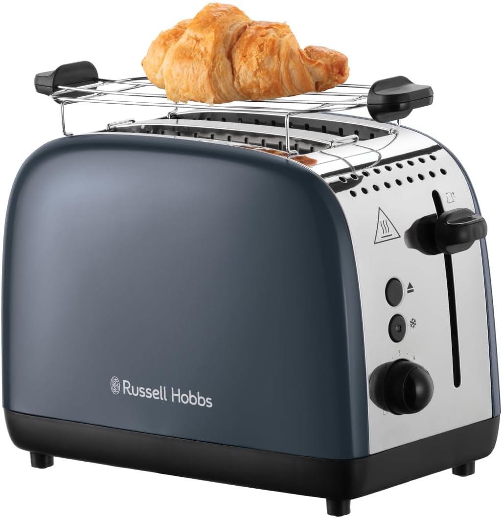 Russell Hobbs Colours Plus 26552-56 Toaster for 2 Slices Stainless Steel Grey (Extra Wide Toast Slots, Including Bun Attachment, 6 Browning Levels + Defrost Function, Lift & Look Function, 1600W)