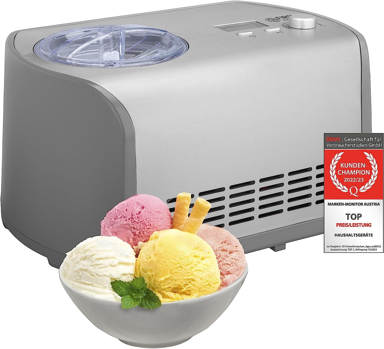 TZS First Austria Ice Cream Maker with Compressor | Self-Cooling Ice Cream Maker with Removable 1.2 Litre Stainless Steel Ice Container & Lid Opening for Ingredients | Ice Cream Machine for Home