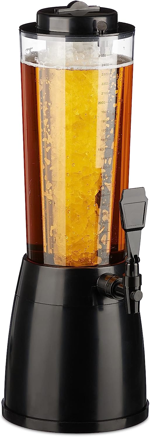 Relaxdays Beer Column with Tap, 2.5 L, Drinks Dispenser with Cooling, Beer Tower, Garden, Petrol, Transparent/Black