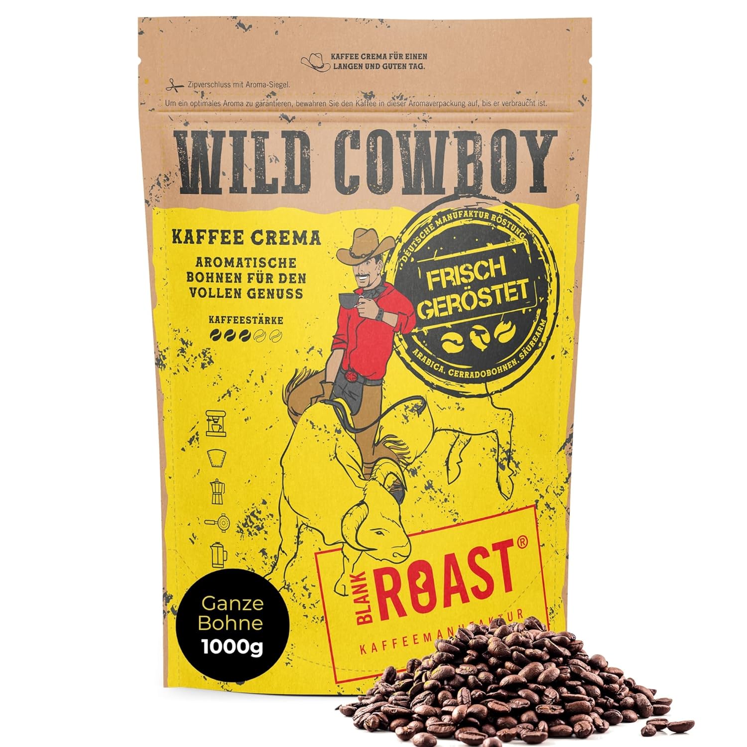 BLANK ROAST Wild Cowboy Crema - Whole Coffee Beans - 100% Arabica Coffee - Gently Roasted with Hickory Wood - Low Acid (1000 g)