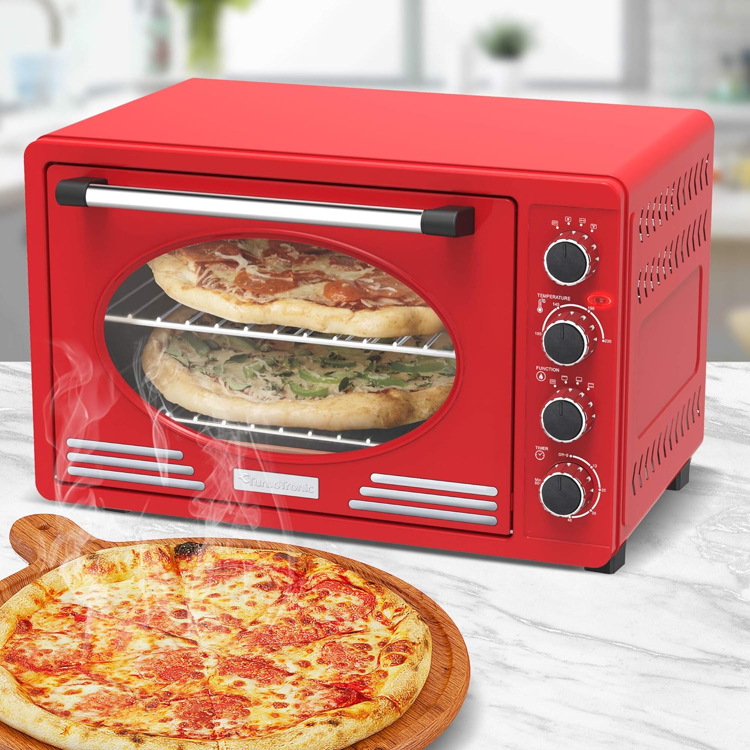 TurboTronic By Z-LINE Turbotronic / Retro Mini Oven with Air Circulation, 45 Litres, Black, Red, Blue, Beige, 2000 W, Mini Oven, Pizza Oven, Grill (Red)