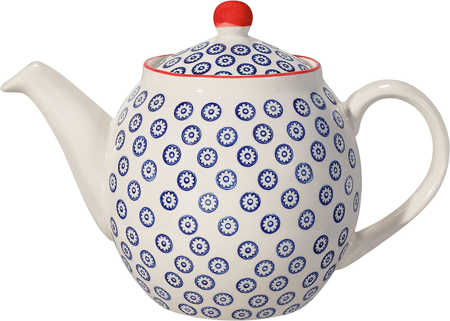 Bloomingville Emma Lapis Retro Large Teapot with Integrated Strainer in Front of Spout Vintage Diameter 14 cm Lapis Blue Red Ceramic Holds Approx. 1200 ml