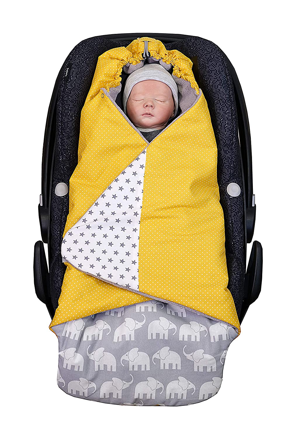 ULLENBOOM ® Baby Swaddling Blanket Summer Elephant Yellow (Made in EU) – Blanket for Baby Car Seat & Prams, Compatible with Maxi Cosi® Car Seat, Ideal for 0 to 9 Months