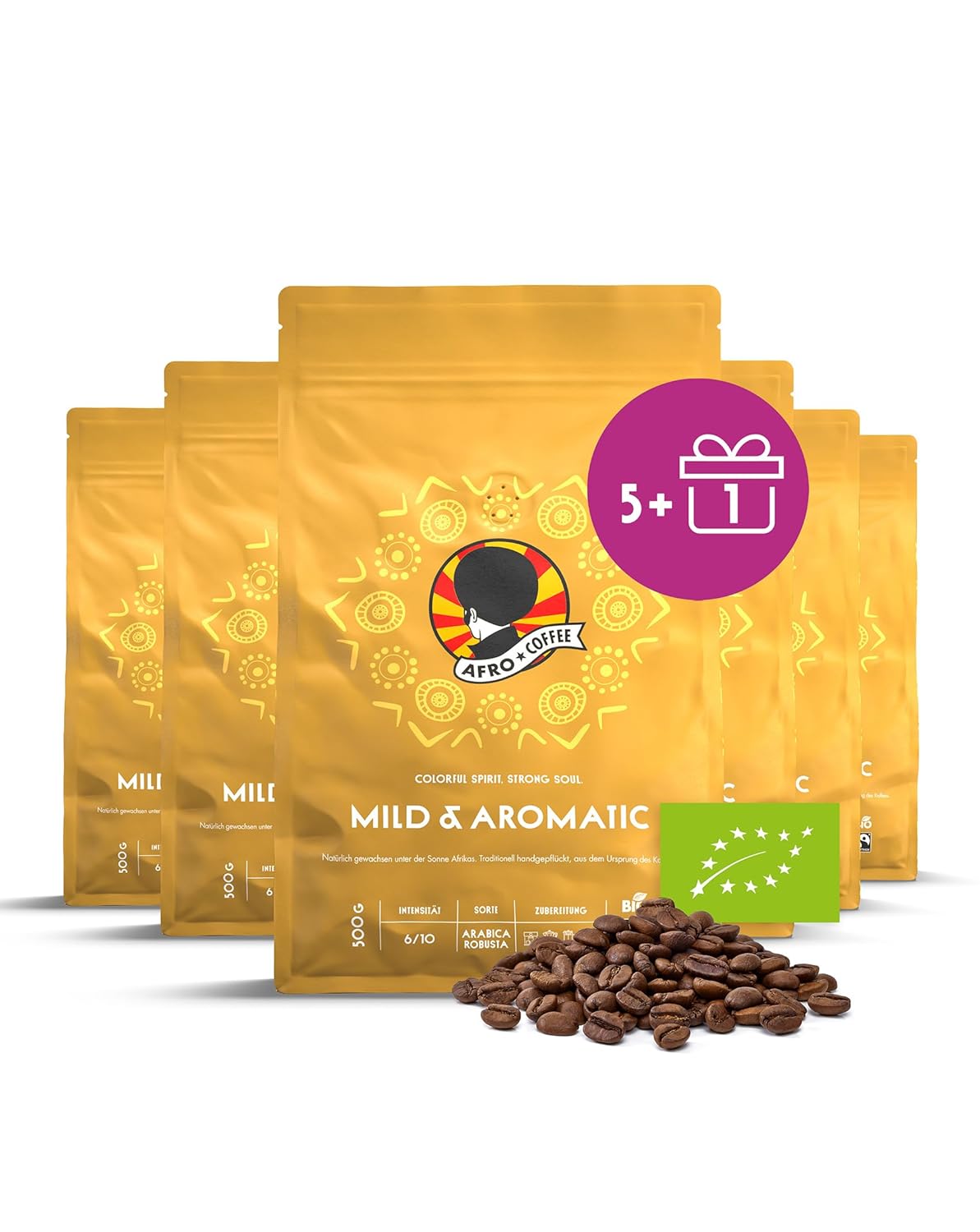 AFRO COFFEE Mild & Aromatic I 5+1 Offer 500 g Premium Organic Coffee Beans Fairtrade I Arabica & Robusta Whole Beans I Bean Coffee from East Africa I Floral Note, Hand Picked, Medium Roasted, Low Acid