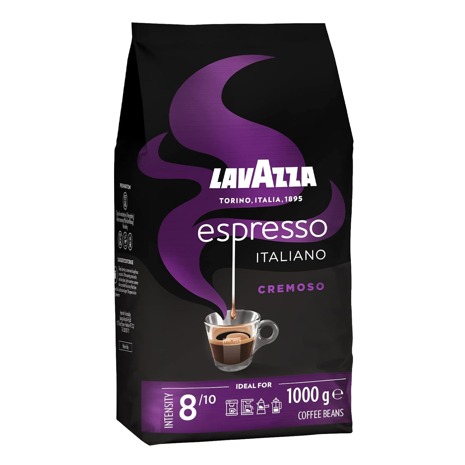 Lavazza, Espresso Italiano Cremoso, Arabica and Robusta Coffee Beans, with Aroma Notes of Spices and Cocoa, Intensity 8/10, Medium Roast, 1 Pack of 1 kg
