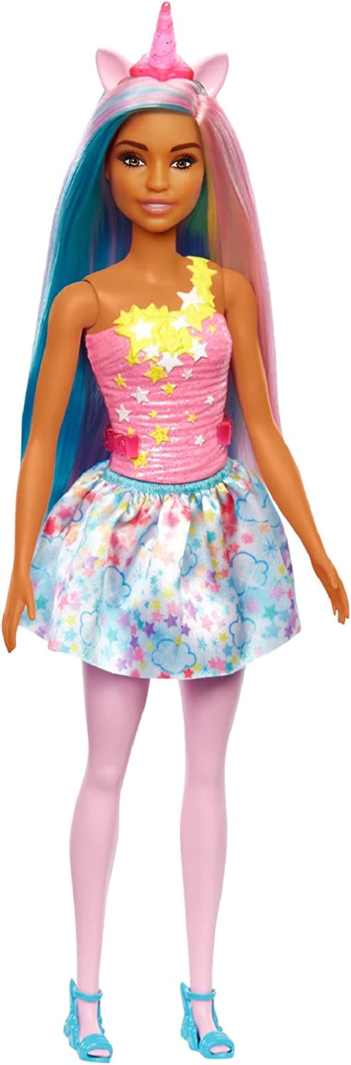 Barbie HGR21 Dreamtopia Unicorn Doll (Blue/Pink Hair) in Colourful Rainbow Look, with Removable Tail, Skirt and Headband, Toy for Children from 3 Years, ‎multicoloured