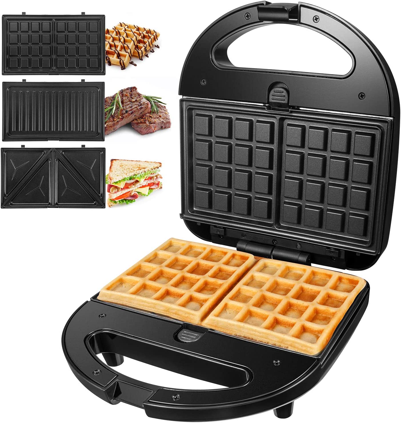 Sandwich Maker 3-in-1 (Sandwich Toaster, Contact Grill, Waffle Iron) DIDO, Non-Stick Coated Removable Plates, Cool Touch Handles, 750 W, LED Indicators, BPA Free, Black