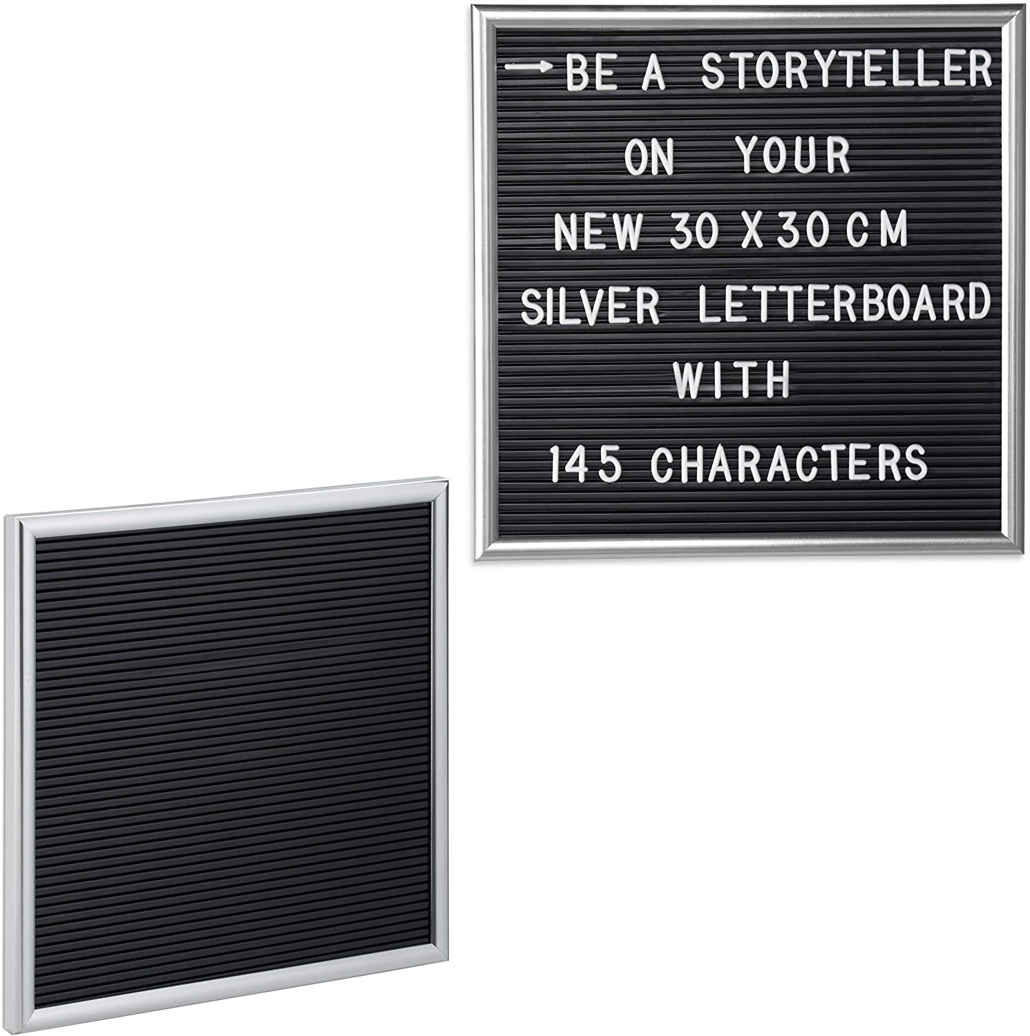 2 x Letterboard with Wooden Frame, 145 Letters, Numbers & Special Characters, Grooved Board for Pushing, 30 x 30 cm, Silver