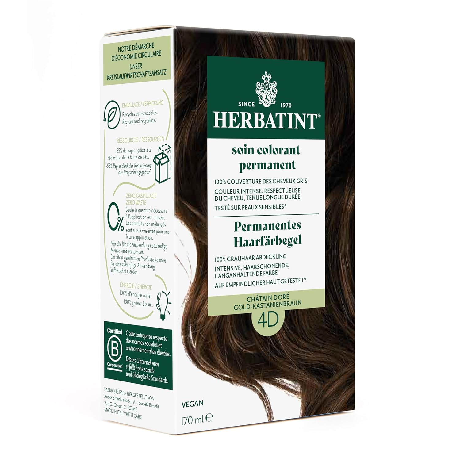 Herbatint Permanent Hair Dye Gel 4D Gold - Chestnut Brown - 170 ml I No Ammonia, Optimal Gray Hair Coverage I Tested for Sensitive Skin with 8 Plant Extracts