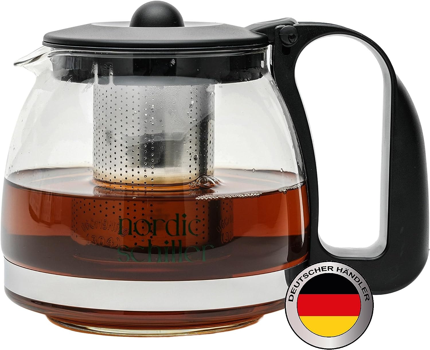 NORDIC SCHILLER Premium Glass Teapot, Heat-Resistant Glass Jug with Lid 1250 ml Teapot with Strainer Insert, Thermal Teapot with Stainless Steel Filter Strainer, Tea Maker, Teapot with Strainer Tea