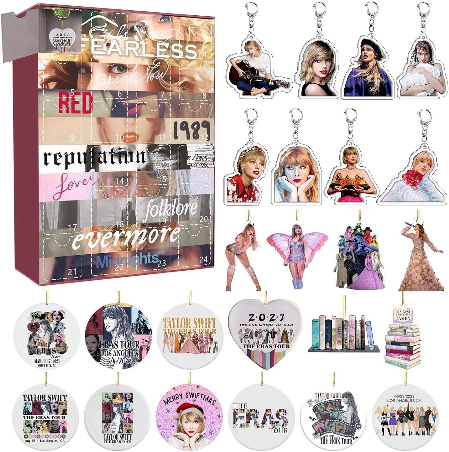 Fans Gift Box Set Christmas Countdown Advent Calendar, 24 Pieces Acrylic Pendants & Key Chains, Charms, Collectible for Children, Christmas Advent Calendar 2023 (Taylor Swift B)