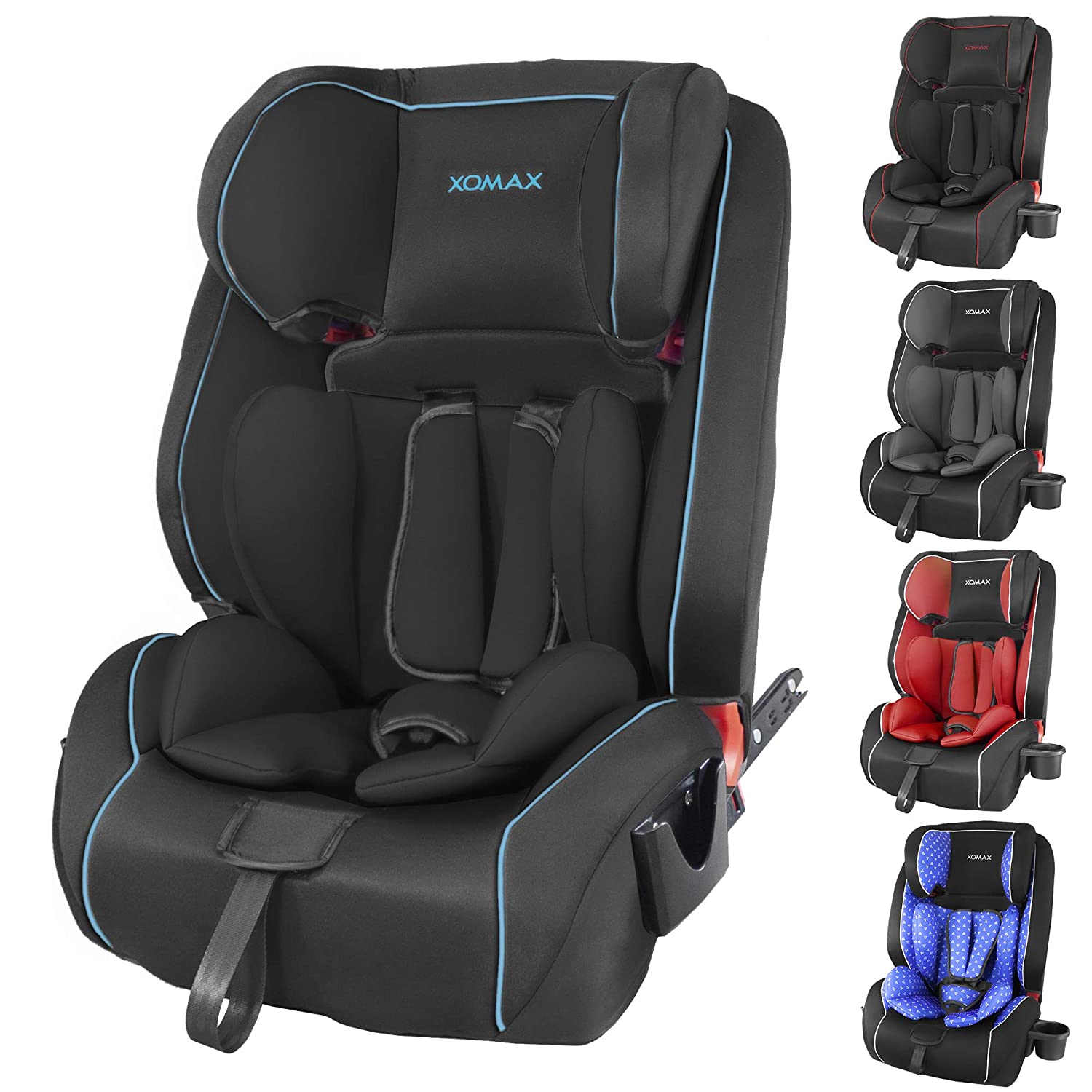 Xomax HQ668 Isofix Child Car Seat, 9 - 36 kg with Bottle Holder, Grows with Your Child: 1 - 12 Years, Group 1 / 2 / 3, 5-Point Harness and 3-Point Harness, Removable and Washable Cover, ECE R44/04 black-blue