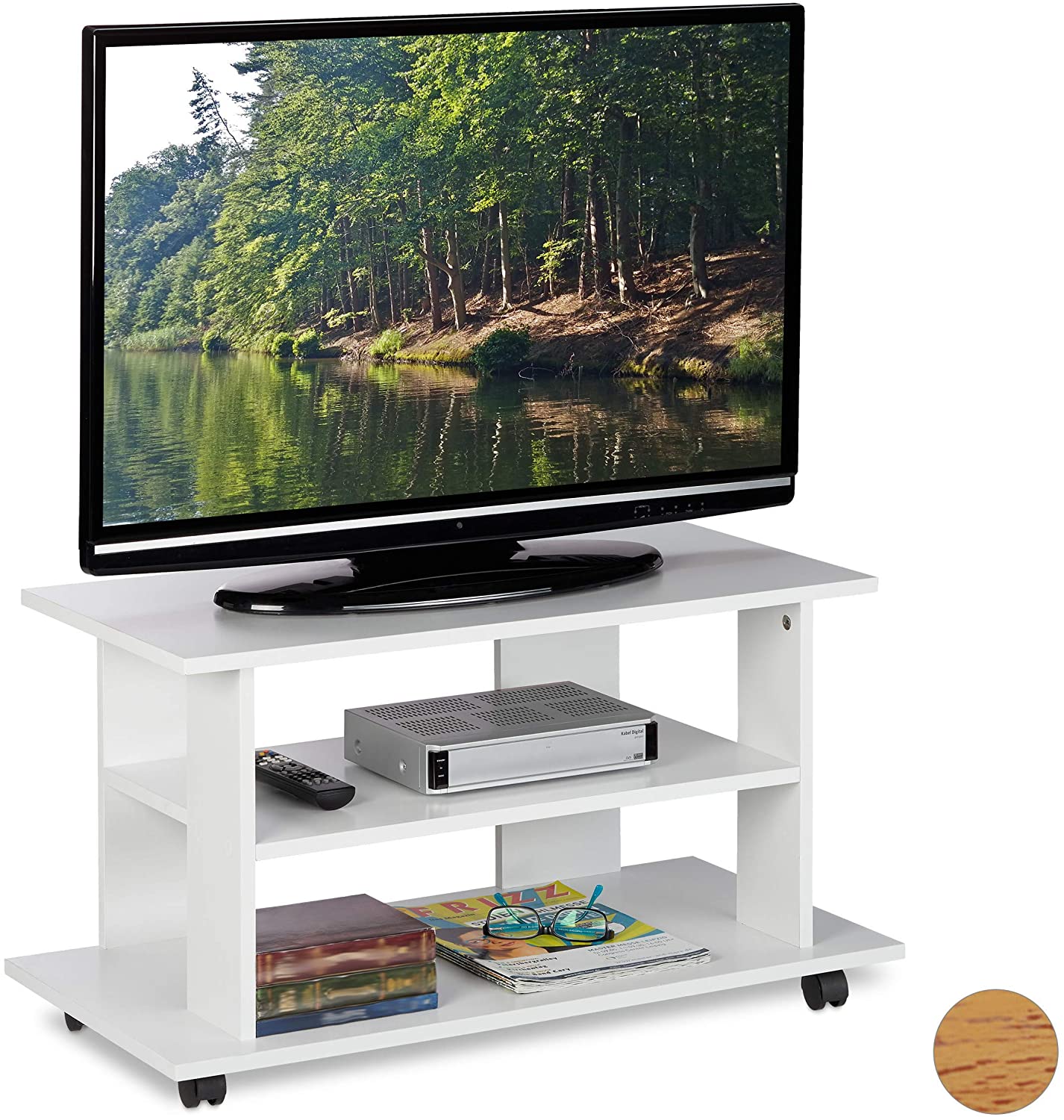 Relaxdays Tv Board With Wheels, 2 Compartments For Tv, Console And Receiver