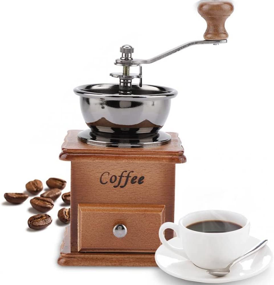 Retoo Coffee Grinder, Brown Retro Manual Coffee Grinder on Wood with Hand Crank, Portable, Antique Design, Espresso Grinder for Coffee Beans, Stainless Steel