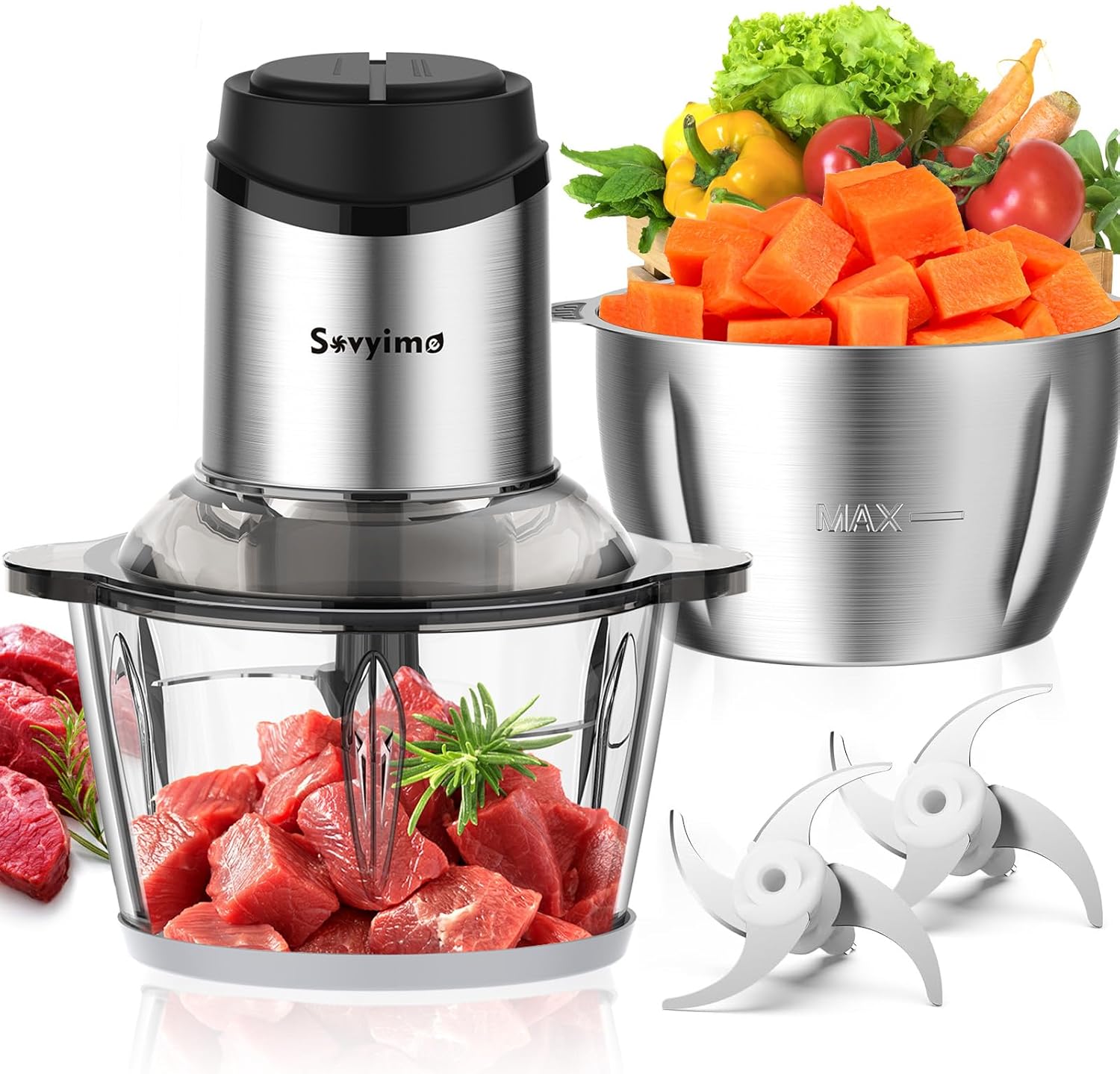 Sovyime Electric Kitchen Chopper with 2L Glass Container & 2L Stainless Steel Bowl, 2 Sets of Stainless Steel Blades, E Chopper Meat Cutter Mixer Grinder for Meat Onion Vegetables
