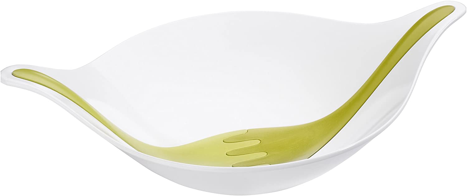 KOZIOL Large Salad Bowl with Leaf Servers, White/ Mustard/ Olive Green