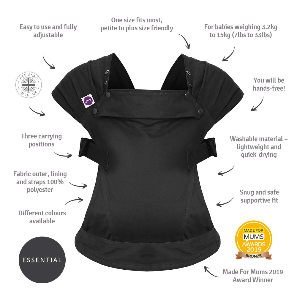 Izmi Essential Baby Carrier | Award Winning, Adjustable Soft Textured Sling with 3 Different Carrying Positions | UK Hip Healthy Design Suitable for Newborns | Black
