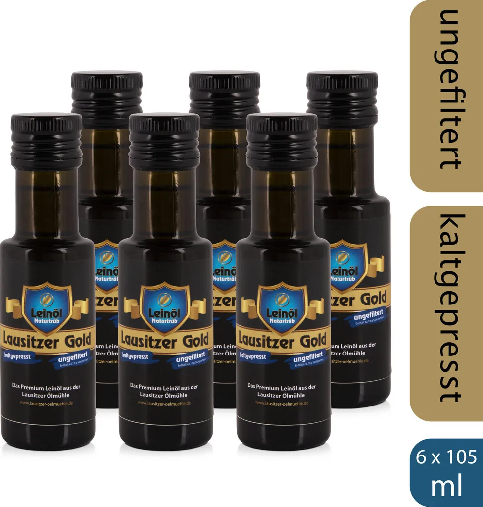 6 x Lausitzer Leinöl - Lausitzer Gold (kaltgepresstes ungefiltertes Premium Leinöl), 6x 105ml