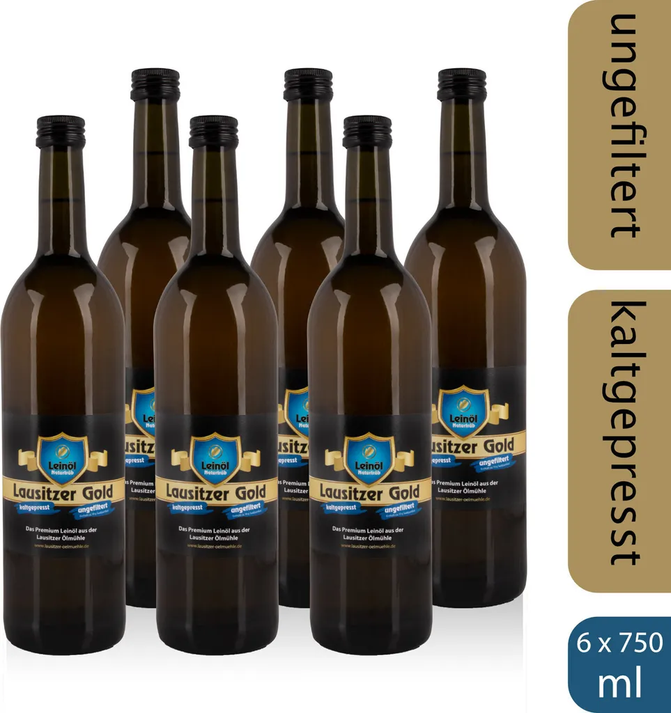 6 x Lausitzer Leinöl - Lausitzer Gold (kaltgepresstes ungefiltertes Premium Leinöl), 6x 750ml