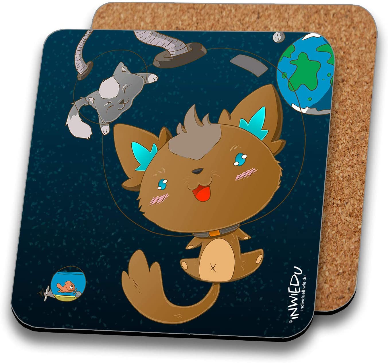 INWIEDU Space Cat Coaster with Cork Back Size 95 x 95 x 3 mm