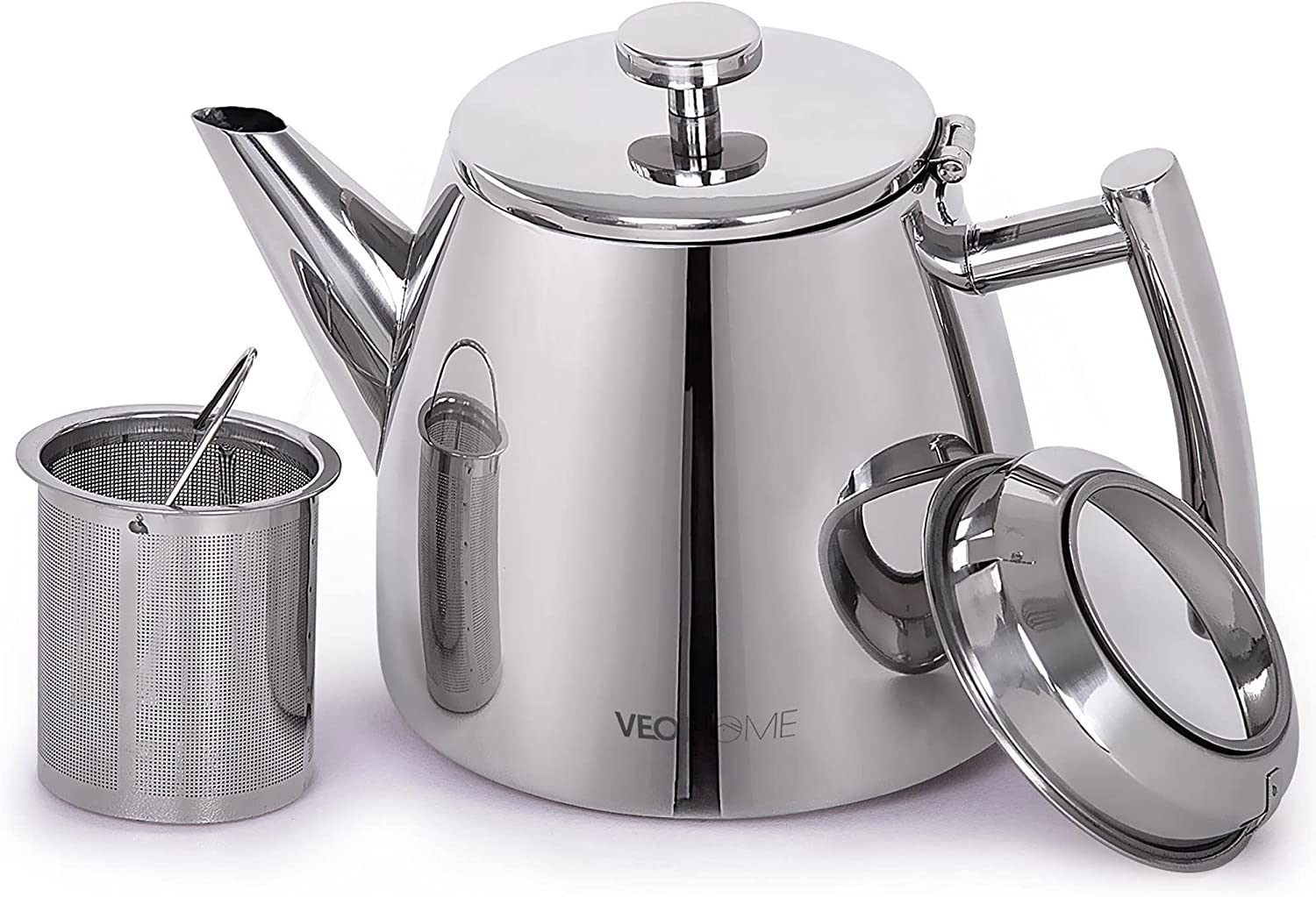 VeoHome Teapot made of stainless steel (0.5 L), with tea infuser for loose tea, strainer insert, double-walled insulation keeps tea warm for longer (0.5 L)