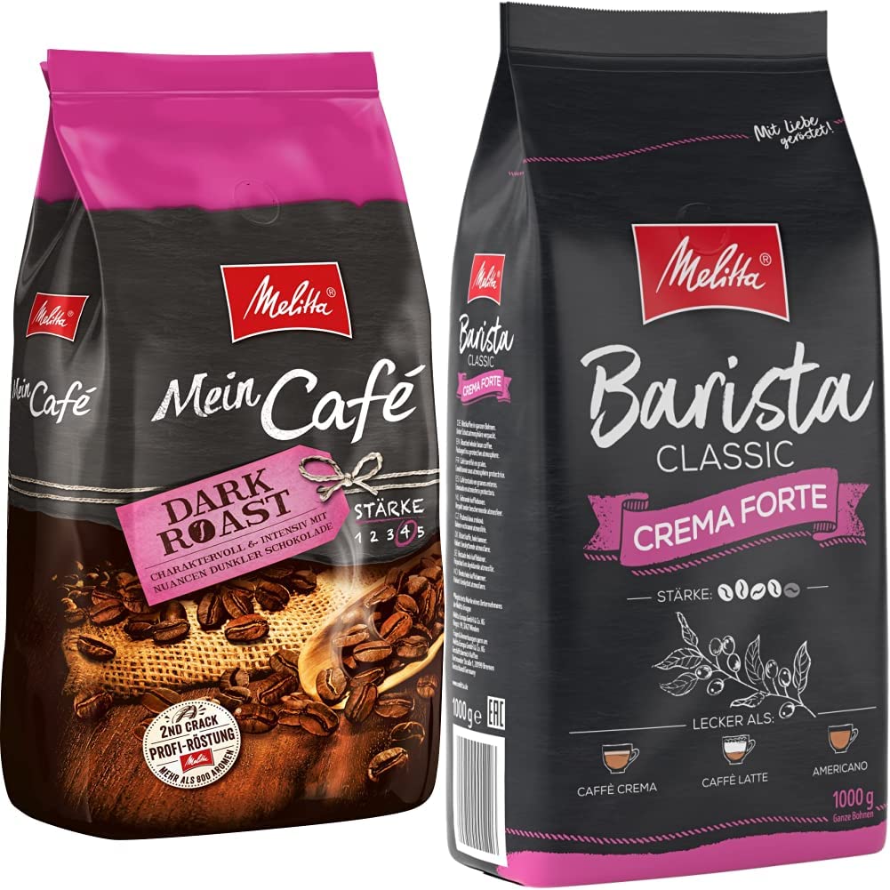 Melitta Mein Café Dark Roast, entire coffee beans, strength 4, 1kg & Barista crema forte, entire coffee beans, strength 4, 1kg