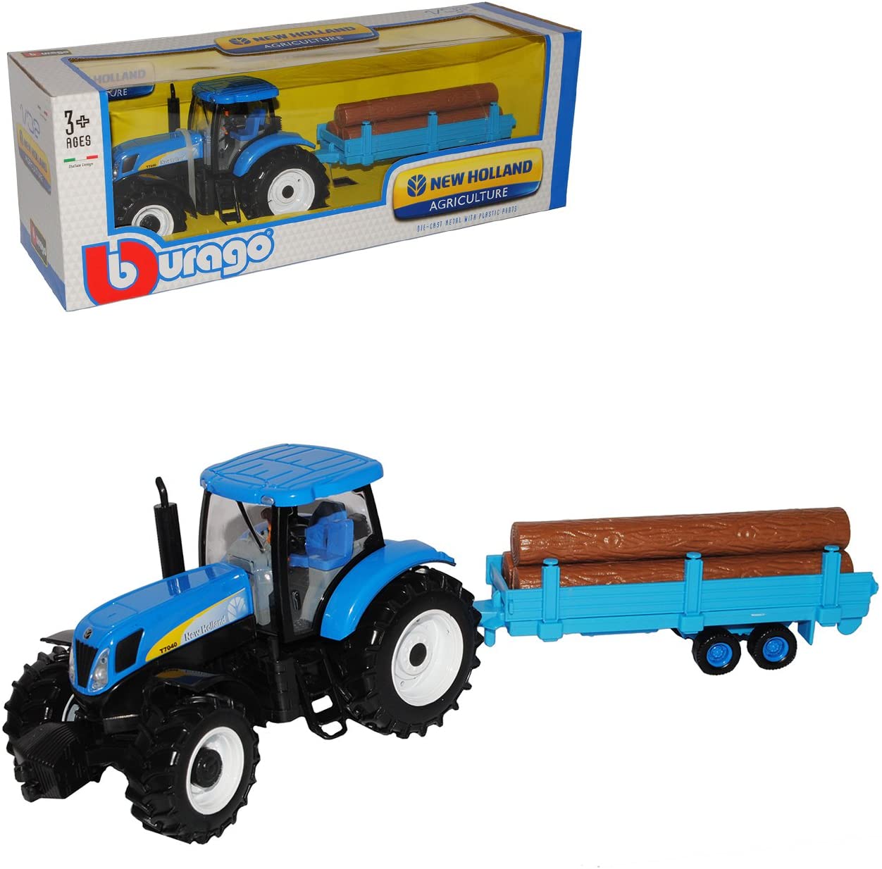 New Holland T7040 Tractor With Wooden Hangers Agriculture Blau 1/32 Bburago