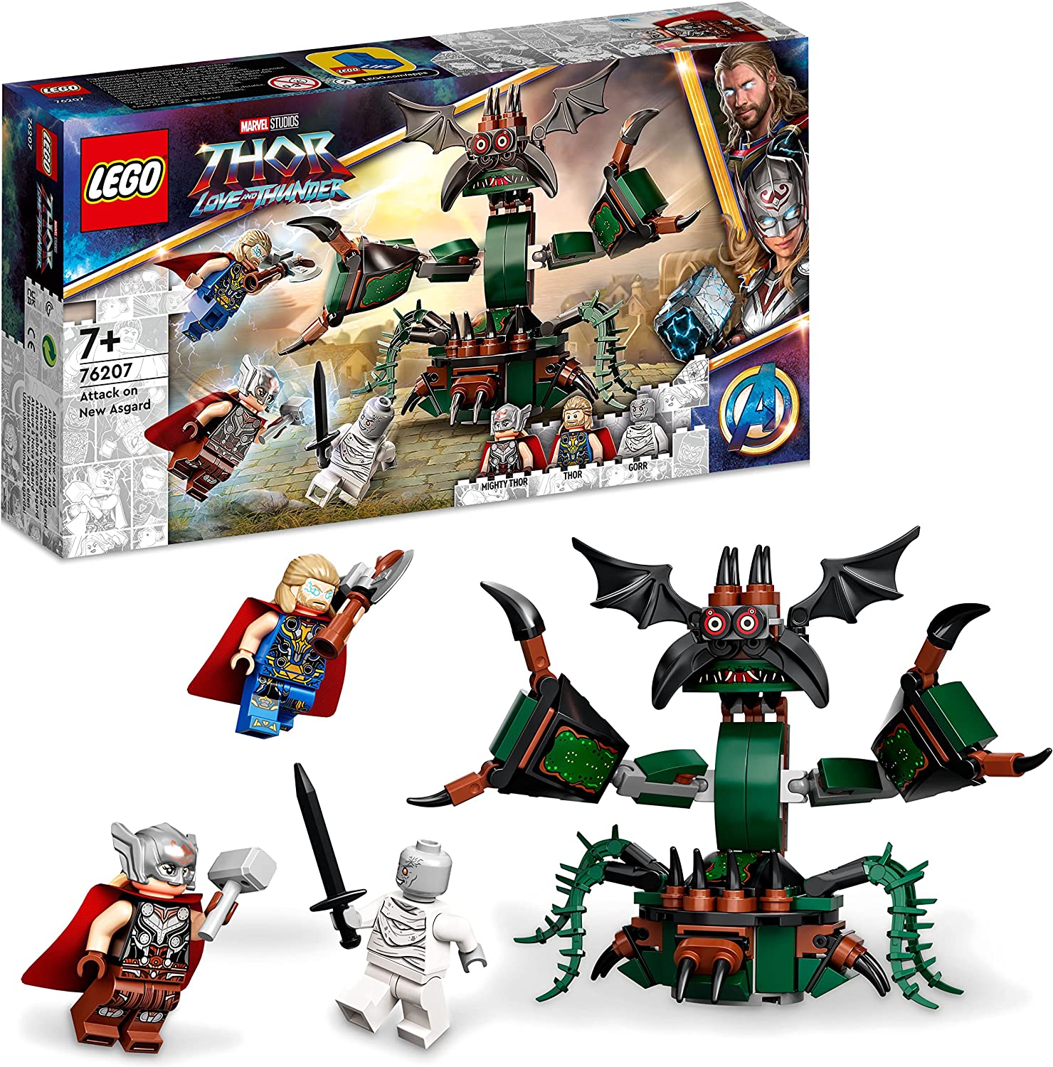 LEGO 76207 Marvel Attack on New Asgard, Monster and 3 Mini Figures with Stormbreaker and Hammer, Avengers Toy from Thor: Love & Thunder
