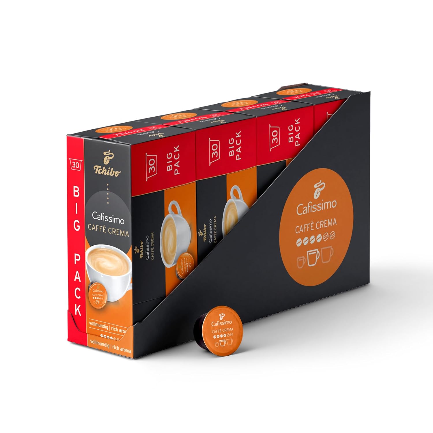 Tchibo Cafissimo Storage Box Caffè Crema Full-bodied Coffee Capsules, Pack of 120 - 4 x 30 Capsules (Coffee, Balanced and Full-bodied), Sustainable & Fair Trade
