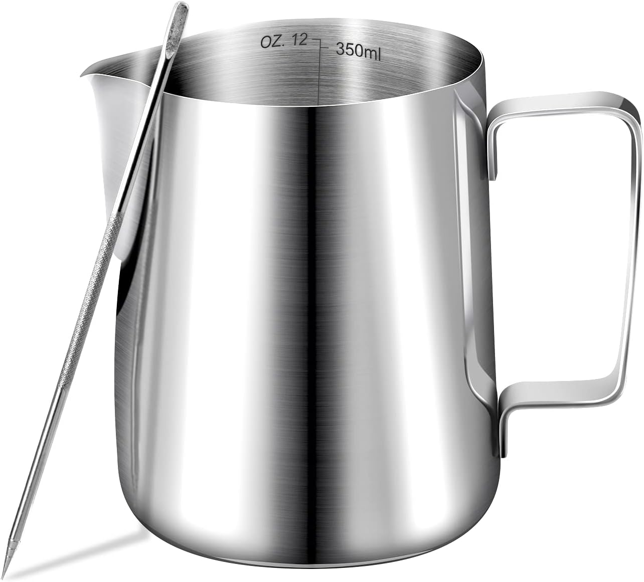 Milk Jug, Highly Polished 350 ml Stainless Steel Frothing Jug, 304 Stainless Steel Milk Frother and Latte Art Pen, Barista Accessories, Milk Jug Stainless Steel for Espresso Cappuccino (12fl.oz,
