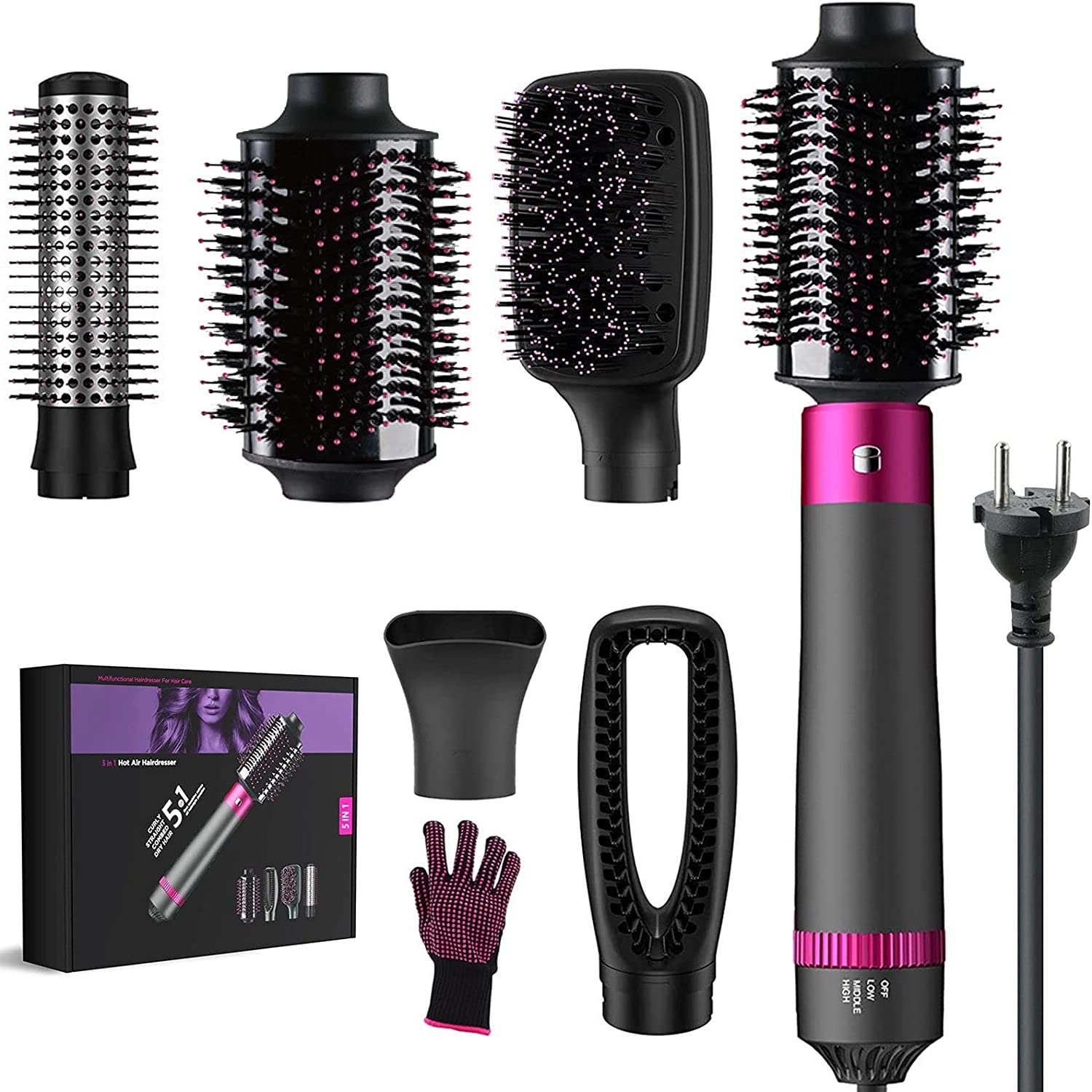 iceagle Hair Dryer Hot Air Brush Set, 5 in 1 Hair Dryer Brush with 5 Interchangeable Barrels, Hair Styler Negative Ion Hair Dryer Curling Iron Hot Wind Combs Air Styler 1200 W