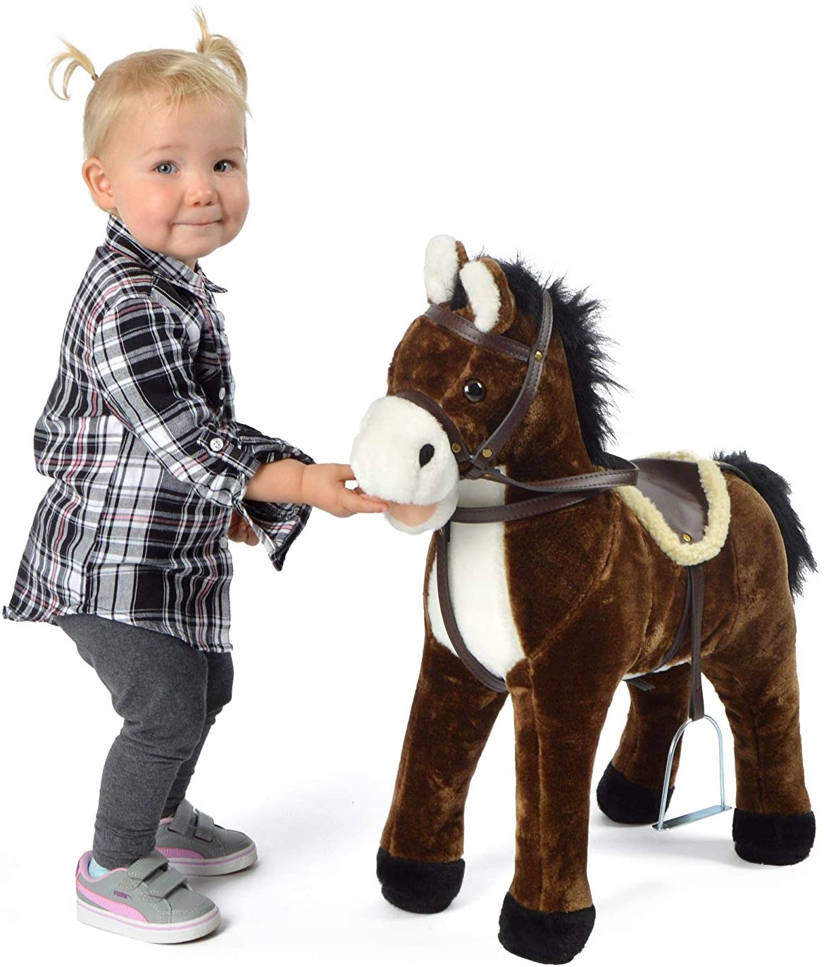 Pink Papaya Plush Horse Standing Horse XXL, 65 – 75 cm, High-Quality Horse with Play Horse to Sit On, with Different Sounds, Toy Horse, 100 kg Capacity