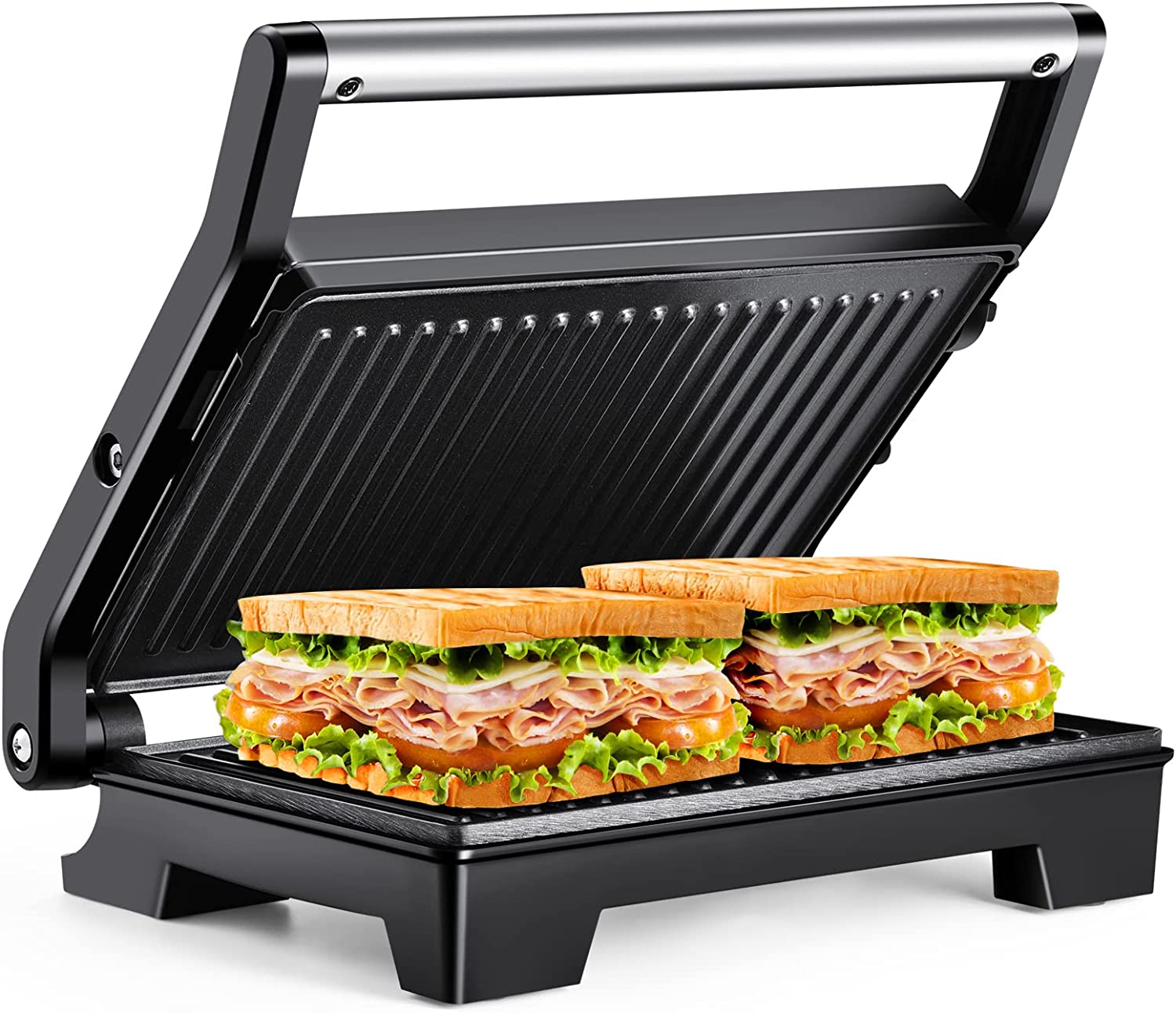 Tiastar Contact Grill for Sandwiches, Steak and Panini Grill, Sandwich Maker with Non-Stick Coating, Open 180 °, Light Indicator, 1000 W, Black