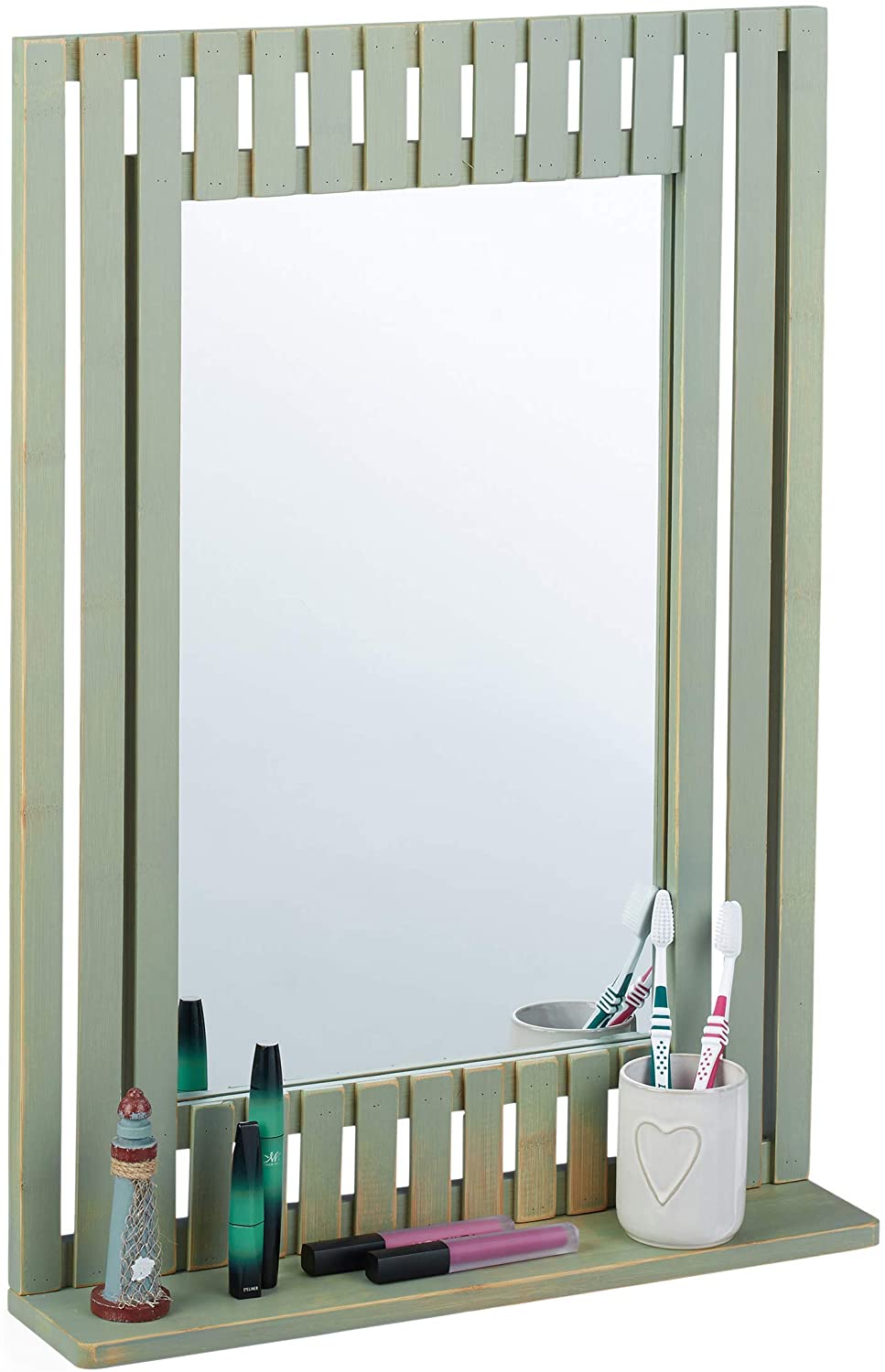 Relaxdays Bamboo Wall Mirror With Shelf Rectangular Bathroom Hallway Living
