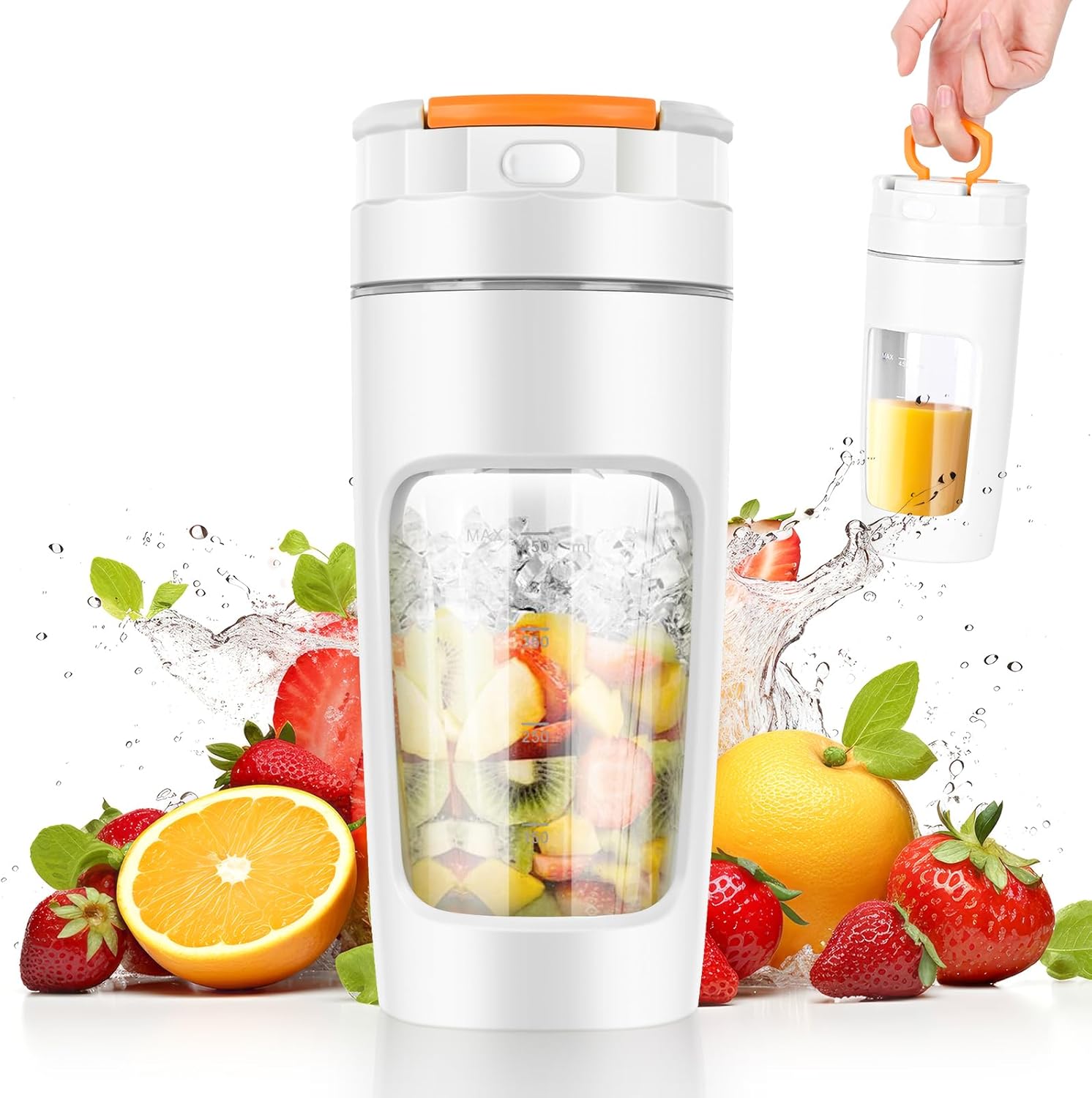 Portable Mixer, Mini Blender, Portable Personal Mixer, 600 ml Cup, Leak-proof Lid, Powerful Mini Stand Mixer, Wireless & Rechargeable, Crushes Ice & Fruit (White)