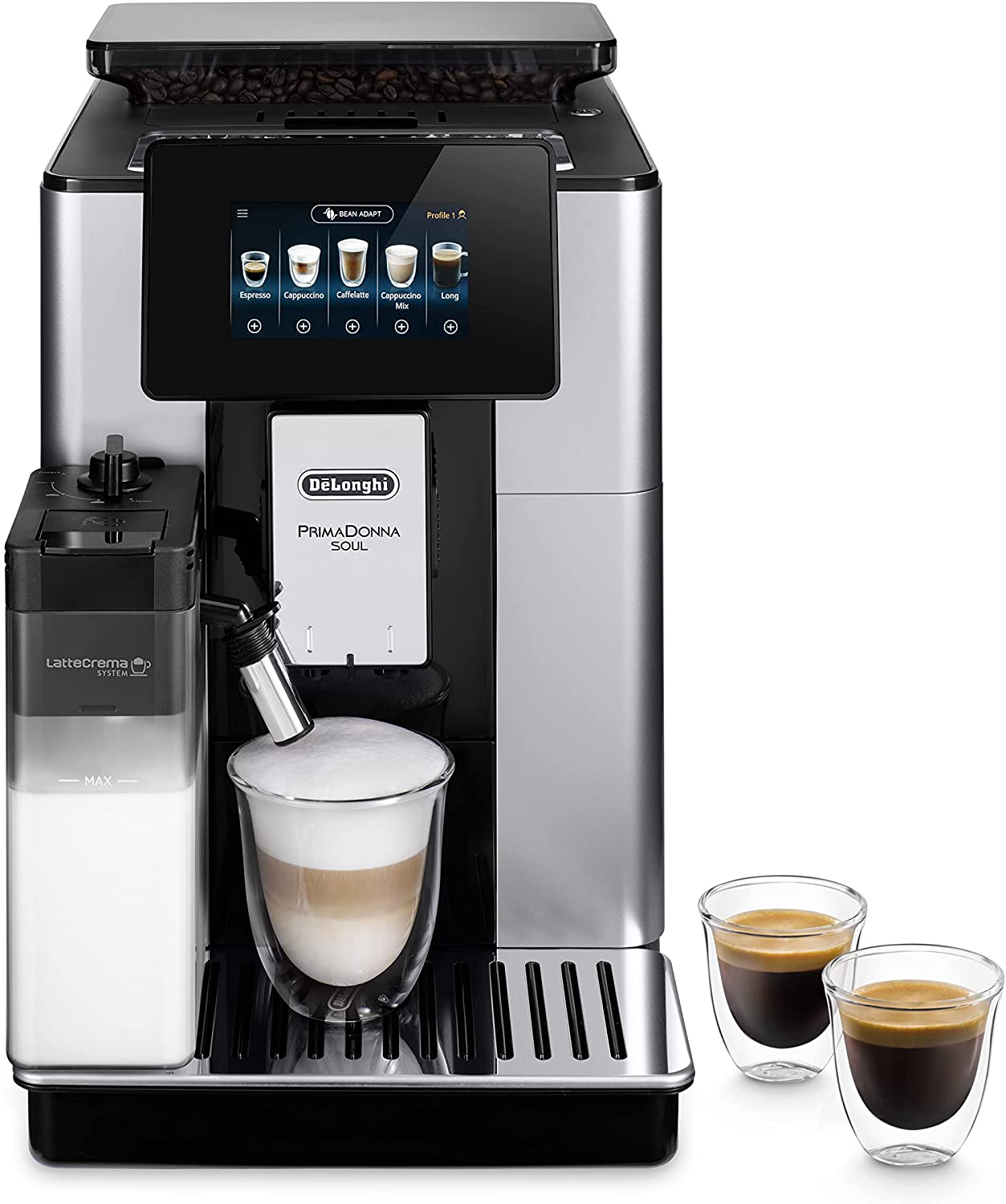 DeLonghi De\'Longhi PrimaDonna Soul Perfetto ECAM 612.55.SB Fully Automatic Coffee Machine with LatteCrema Milk System & Bean Adapt Technology, Exclusive to Amazon, 18 Recipes, with Colour Display & App Control, Silver