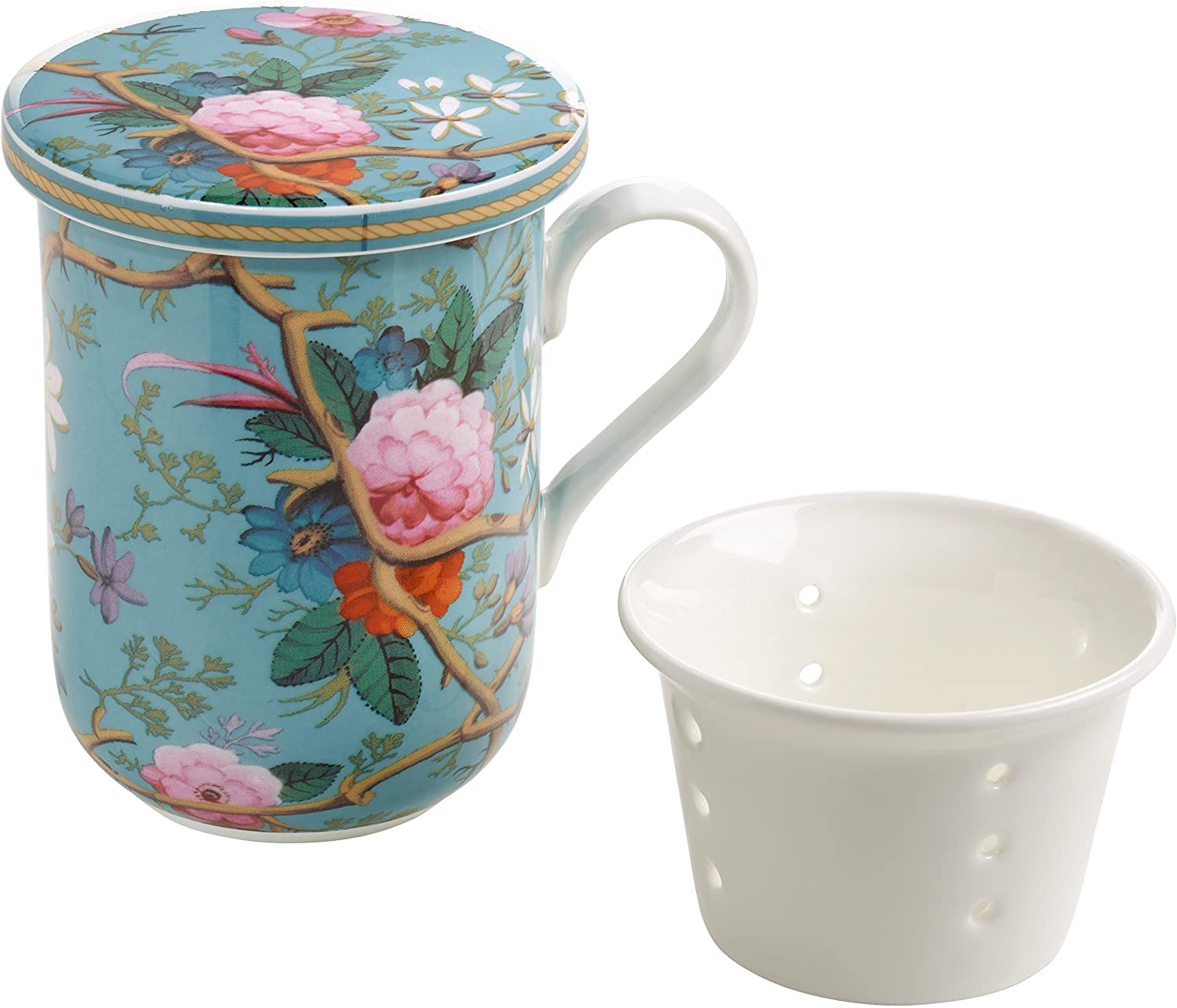 Maxwell & Williams Kilburn Lid & Tea Strainer, Victorian Garden, Gift Box, Porcelain, WK05455 Mug, Turquoise, Pack of 2 (Pack of 1)