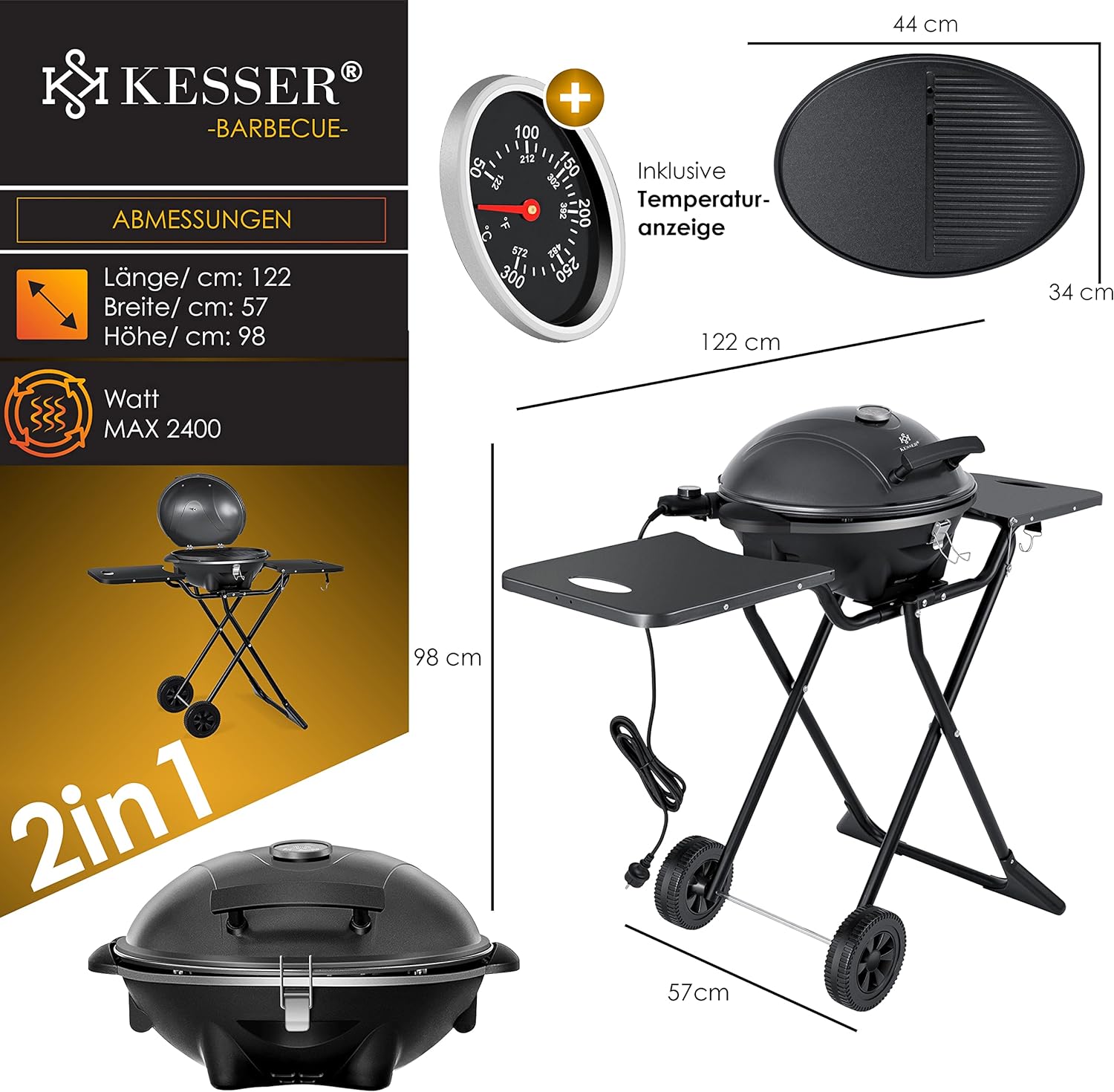KESSER® Electric Grill 2-in-1 Table Grill with Lid and Stand Max. 2400 Watt Foldable Thermometer Non-Stick Coating Grill Plate Storage Tables 2 Wheels Red