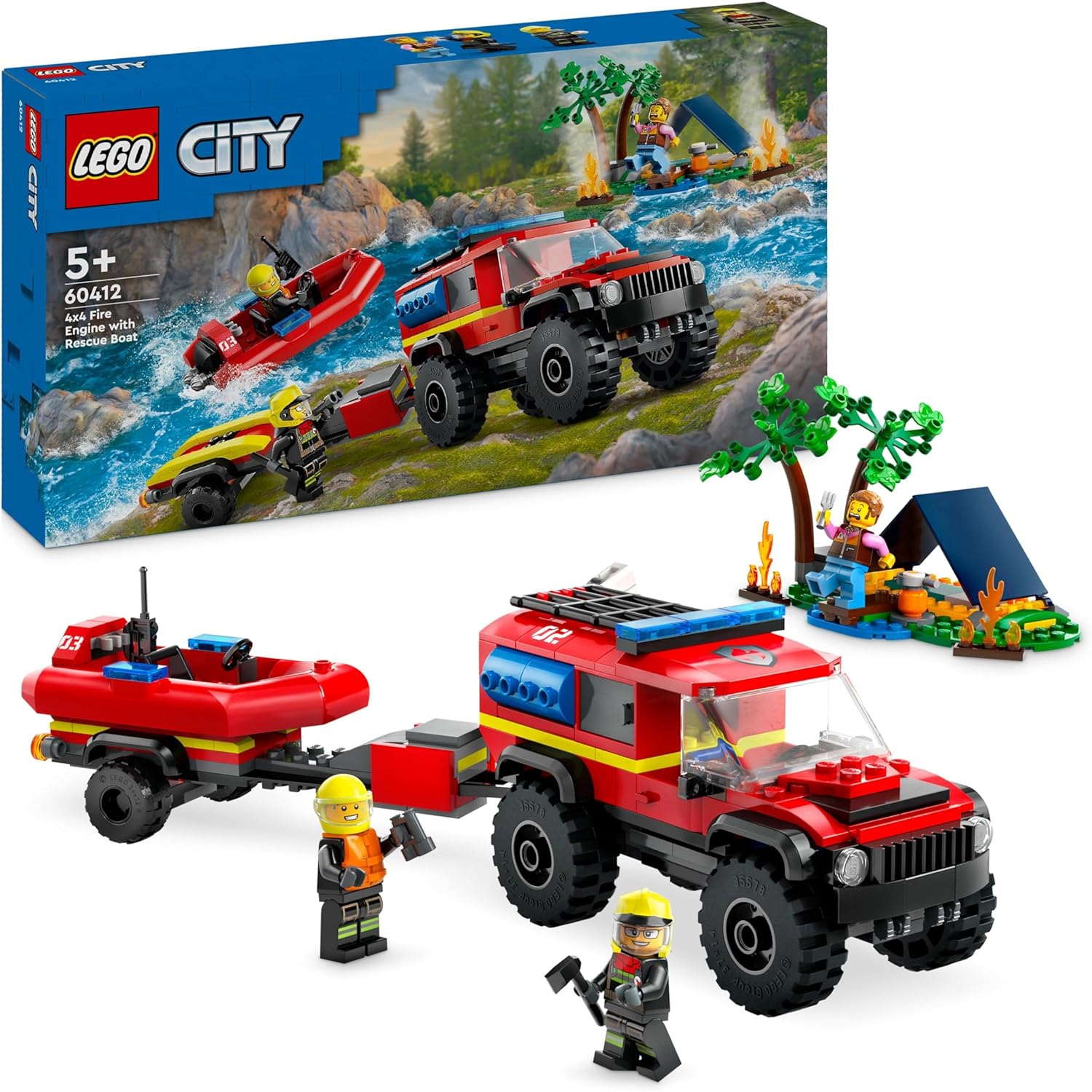 LEGO 60412 City Fire Terrain Vehicle with Lifeboat, Off-Road Car Toy for Children from 5 Years, Ambulance with Inflatable Boat, Trailer, Tent and 3 Mini Figures, Gift for Boys and Girls