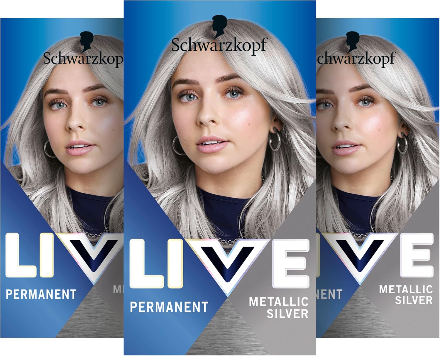 Schwarzkopf Live Urban Metallics U71 Metallic Silver (3 x 142.5 ml), Hair Color with Integrated Metallic Shine Booster, Permanent Coloration for Intense Colors with Metallic Reflections