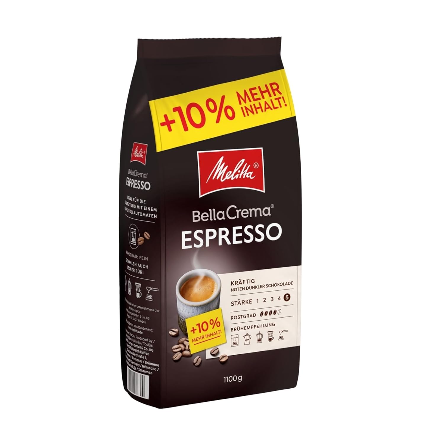 Melitta BellaCrema Espresso Whole Coffee Beans 1.1 kg, Unground, Coffee Beans for Fully Automatic Coffee, Strong Roasting, Roasted in Germany, Strength 5