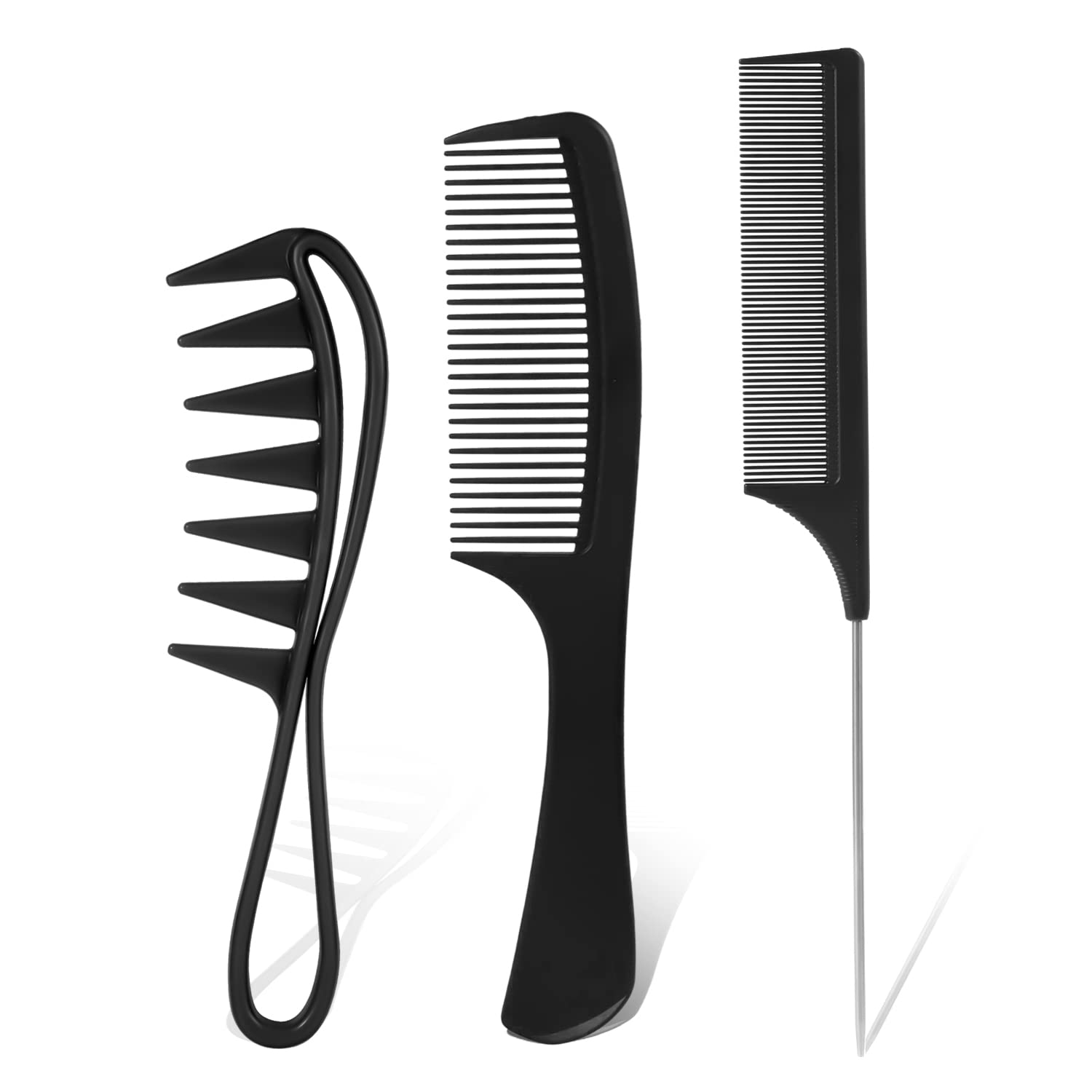 kinbom 3-Piece Hair Comb Set, Tooth Comb, Wide Tooth Comb, Rat Tail Comb, Wide Tooth Comb for Curly, Wet, Wavy, Thick Hair, Wigs, Salon, Antstatic, Heat Resistant (Black)
