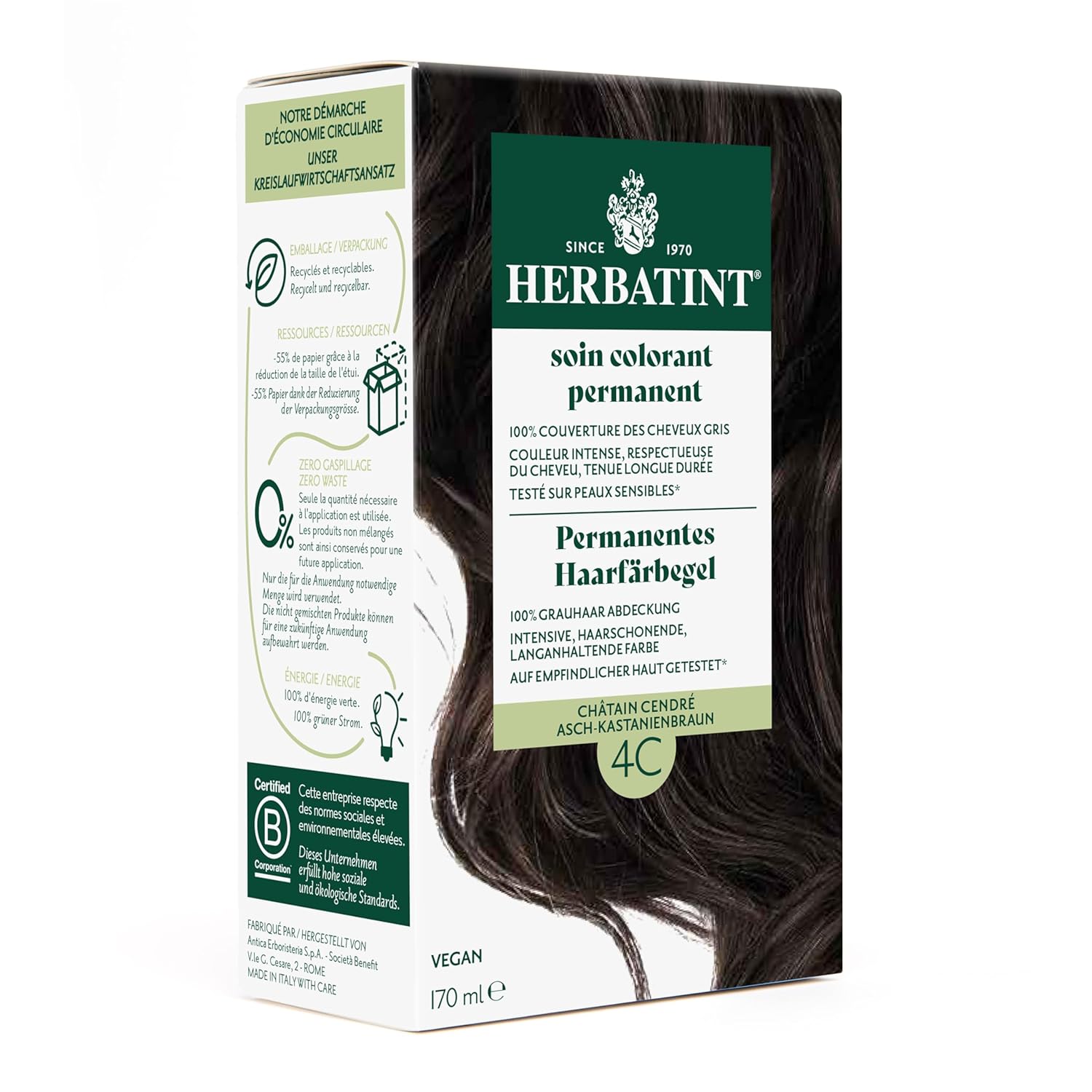 Herbatint Permanent Hair Dye Gel 4C Ash - Chestnut Brown - 170 ml I No Ammonia, Optimal Gray Hair Coverage I Tested for Sensitive Skin with 8 Plant Extracts