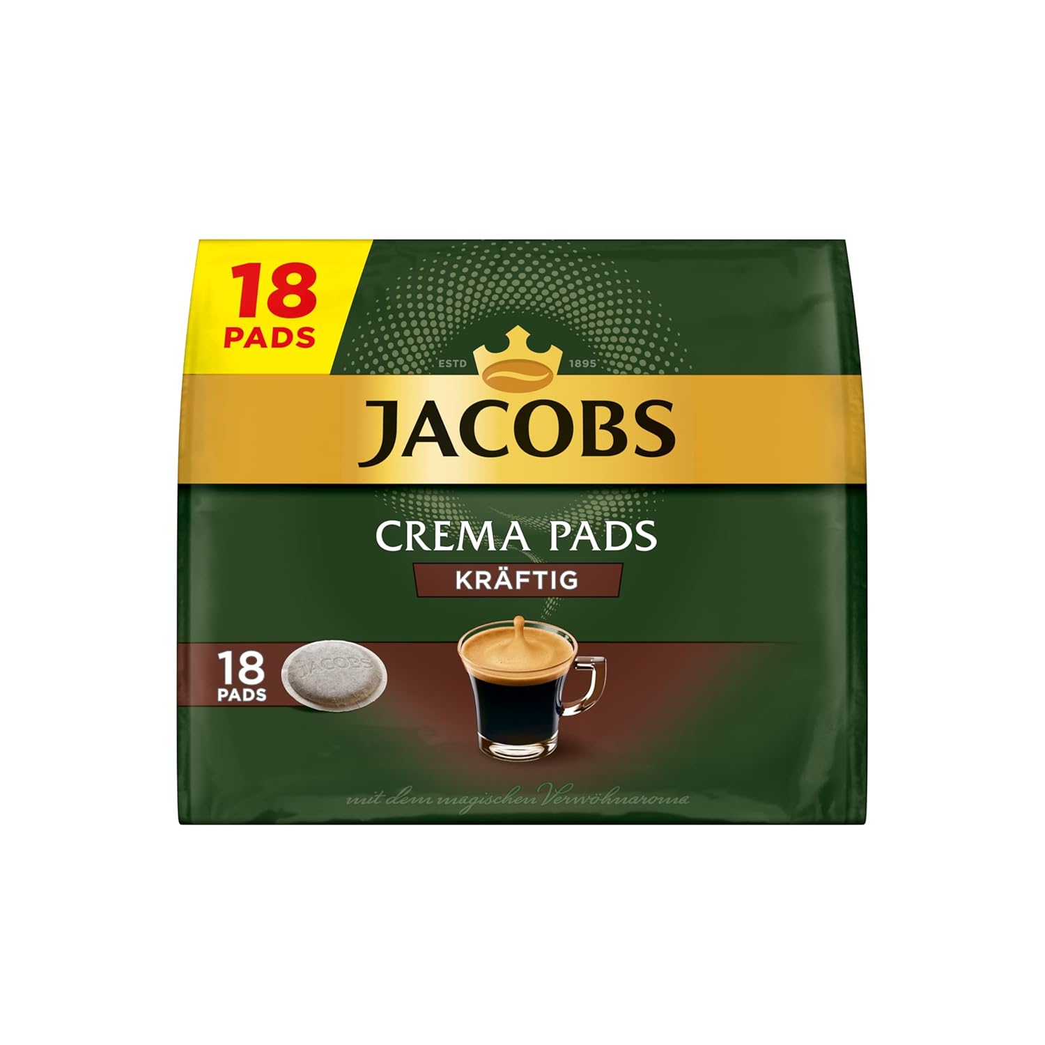 Jacobs Pads Crema Strong, 90 Senseo Compatible Coffee Pods, UTZ Certified, Pack of 5, 5 x 18 Drinks