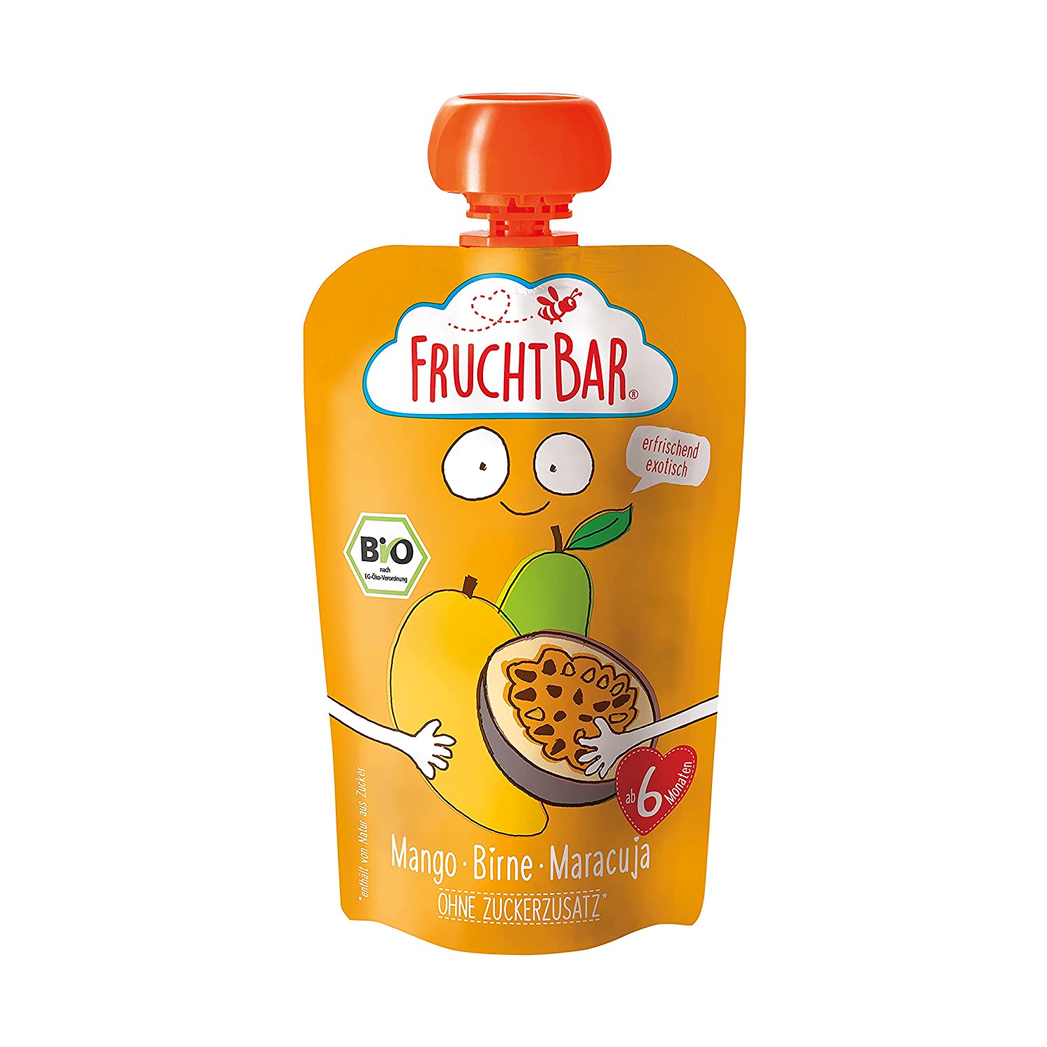 FruchtBar Bio Fruchtpüree Mango-Maracuja-Birne, im Quetschbeutel, 8x120g