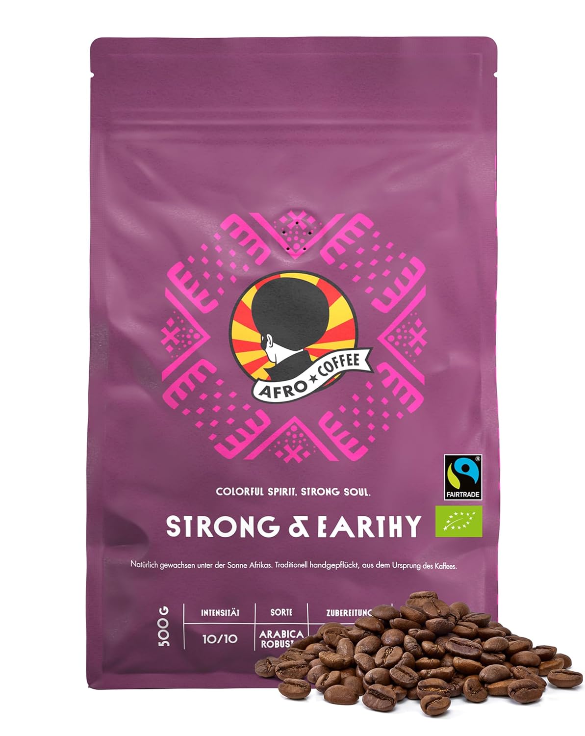 AFRO COFFEE Strong & Earthy I 500 g Premium Organic Coffee Beans Fairtrade I Arabica & Robusta Beans I Bean Coffee from East Africa with Nutty Note I Coffee Beans Hand Picked, Dark Roasted, Low Acid