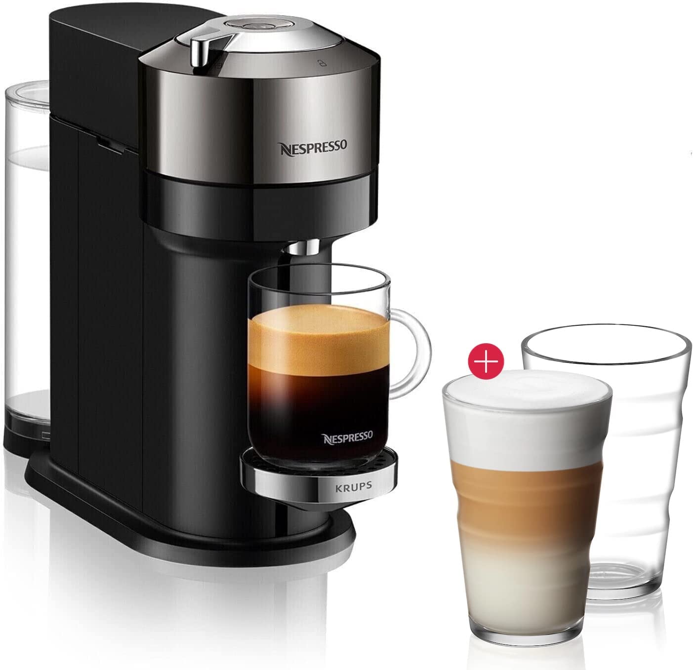 Nespresso Krups Vertuo Next Coffee Machine, Coffee Capsule Machine + View Latte Macchiato (2 x 350 ml), Coffee Capsule Machine with Automatic Shut-Off, Short Heating Time, One-Touch System